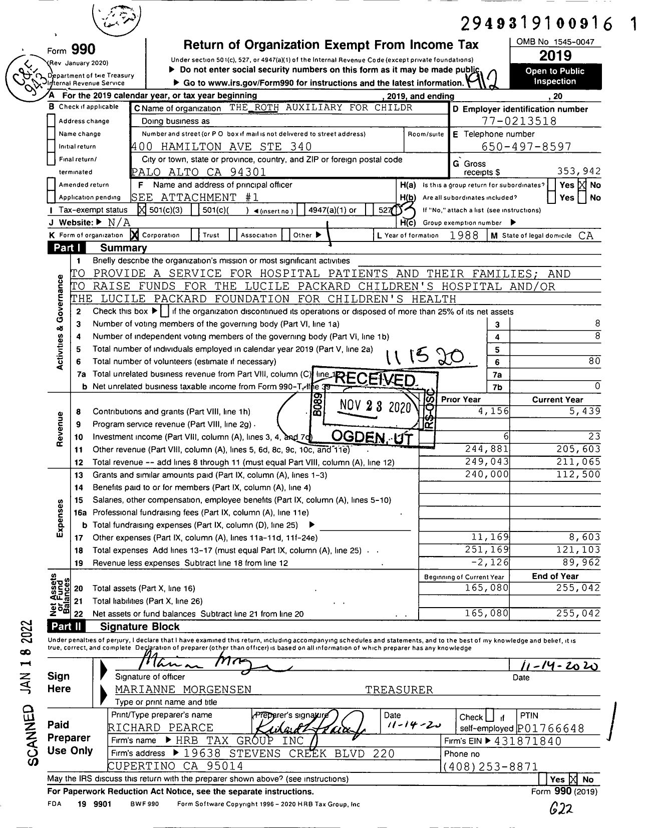 Image of first page of 2019 Form 990 for The Roth Auxiliary for Children