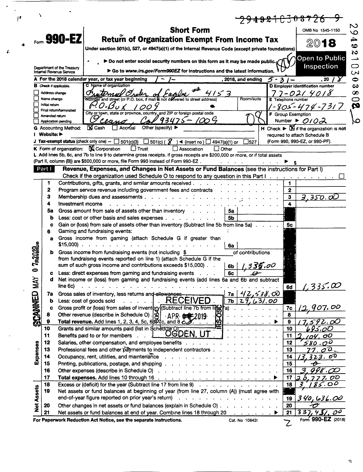 Image of first page of 2017 Form 990EO for Fraternal Order of Eagles - Number 4153