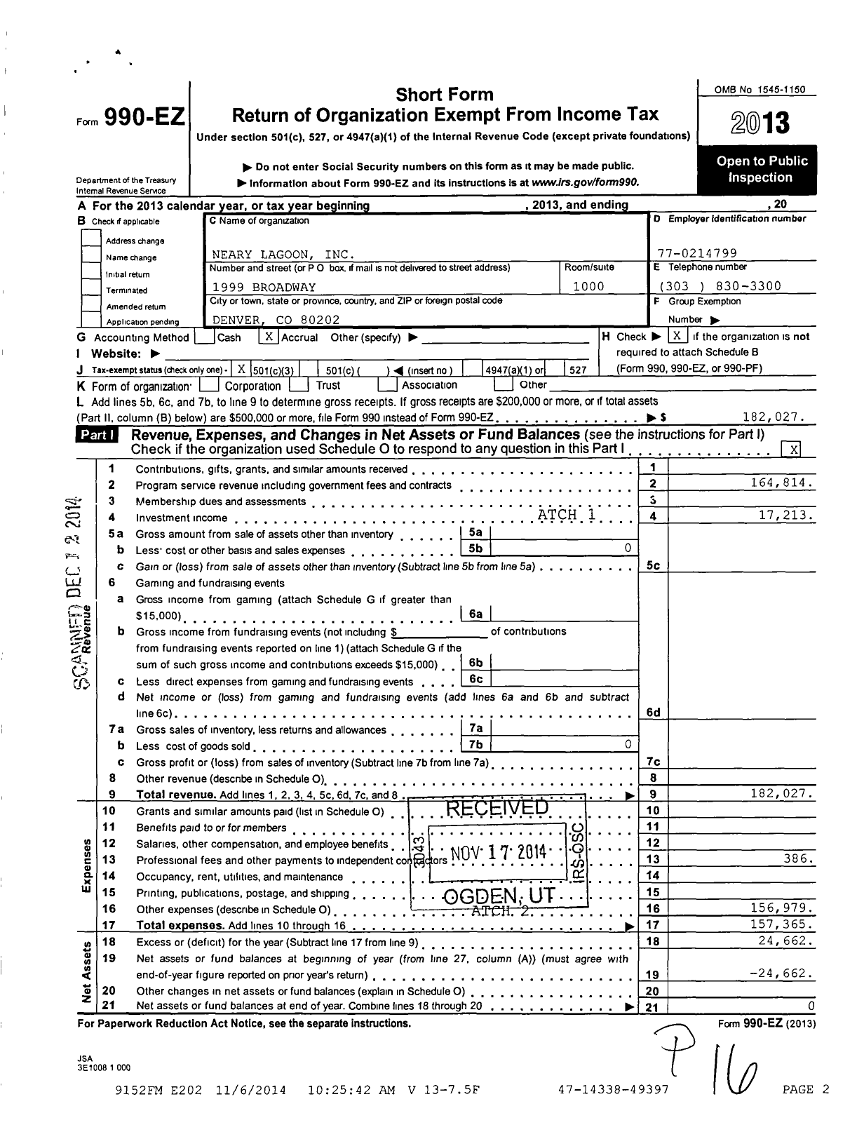 Image of first page of 2013 Form 990EZ for Neary Lagoon