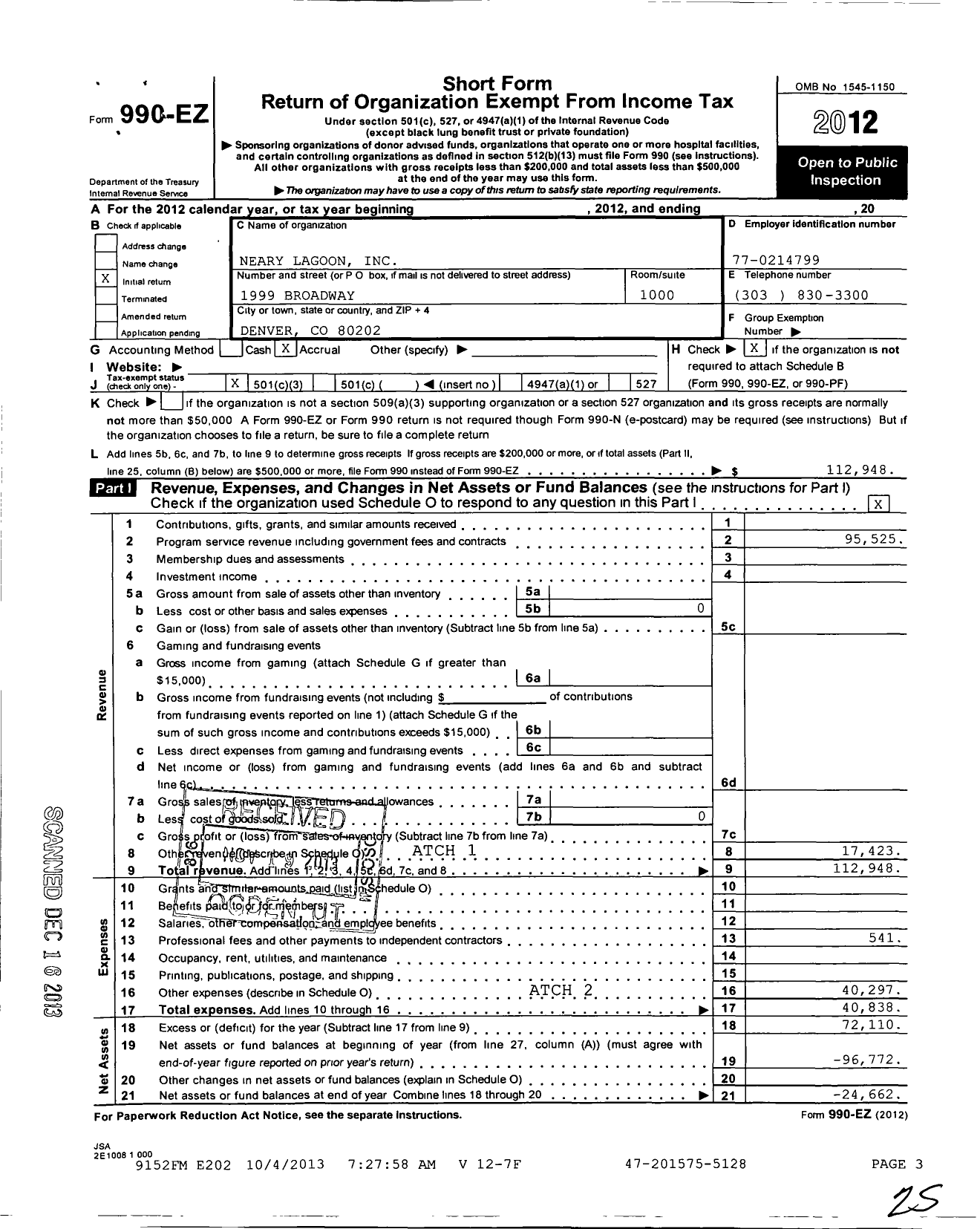 Image of first page of 2012 Form 990EZ for Neary Lagoon