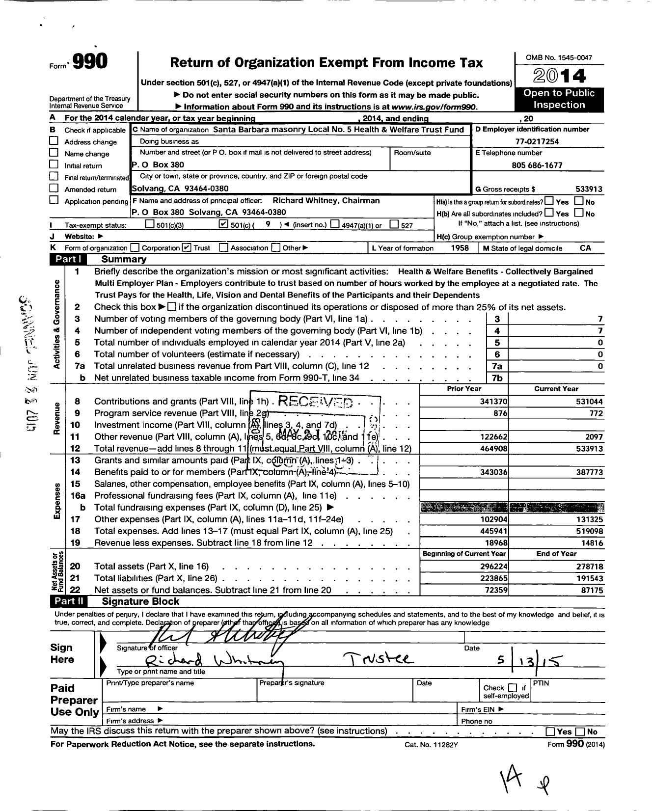 Image of first page of 2014 Form 990O for Santa Barbara Masonry Local No 5 Health Welfare Trust Fund