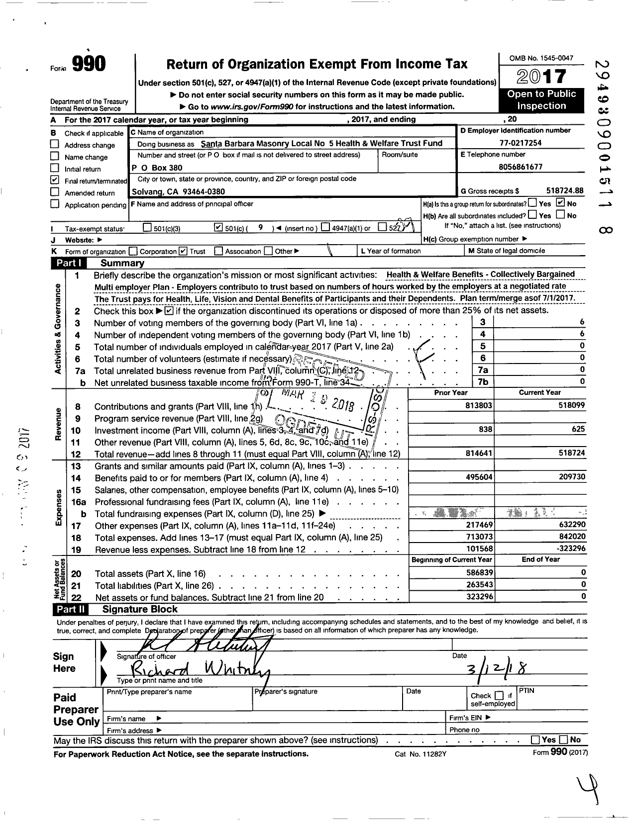 Image of first page of 2017 Form 990O for Santa Barbara Masonry Local No 5 Health Welfare Trust Fund