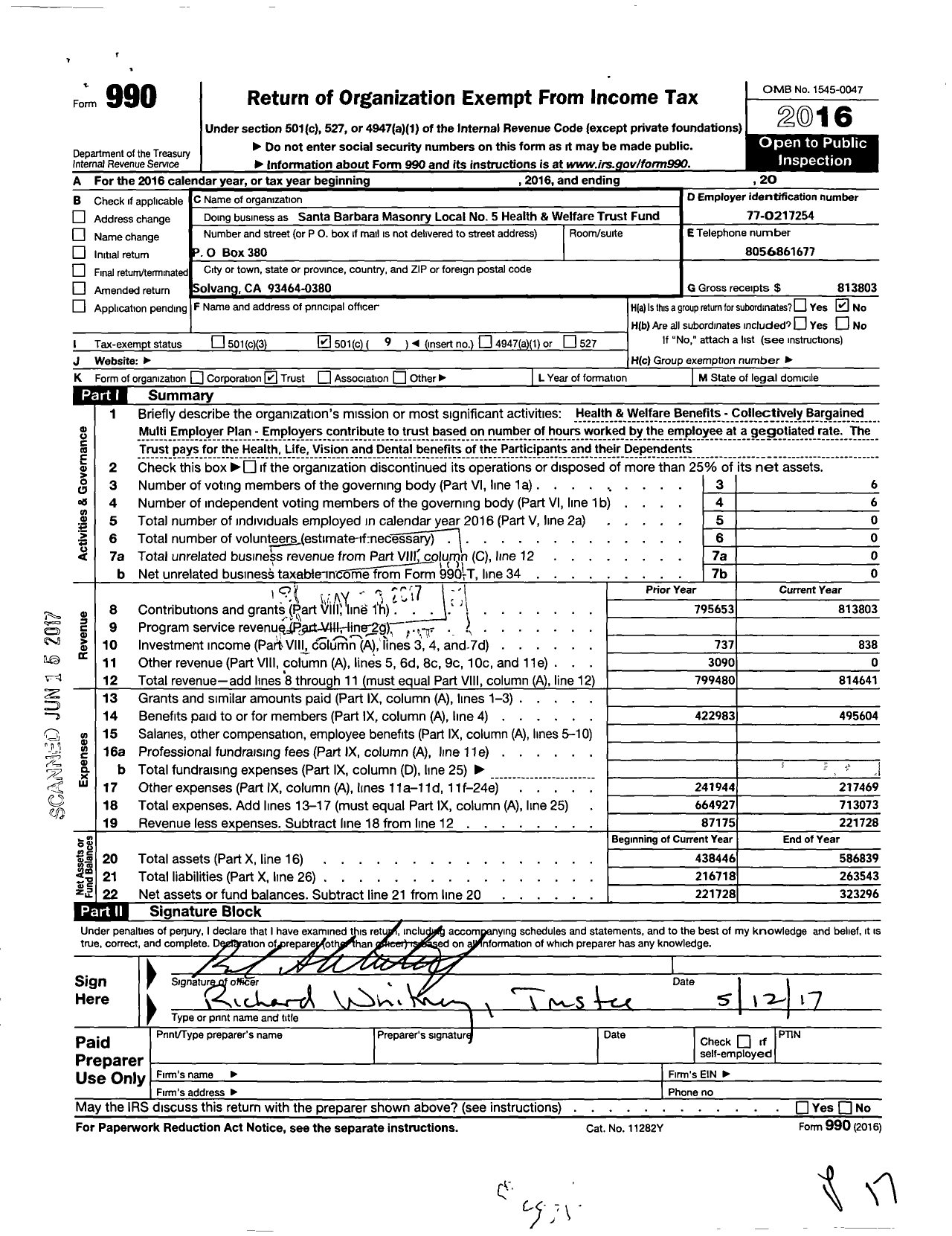 Image of first page of 2016 Form 990EO for Santa Barbara Masonry Local No 5 Health Welfare Trust Fund