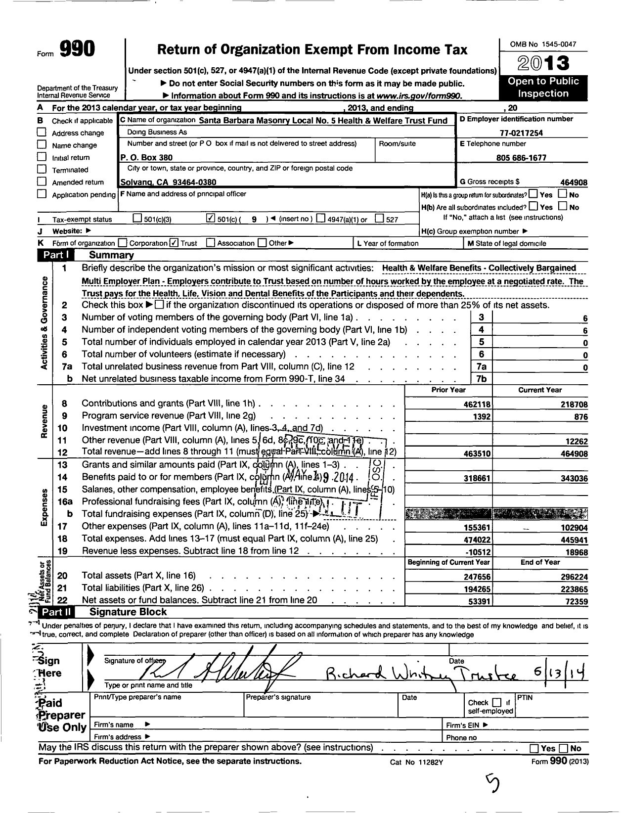 Image of first page of 2013 Form 990O for Santa Barbara Masonry Local No 5 Health Welfare Trust Fund