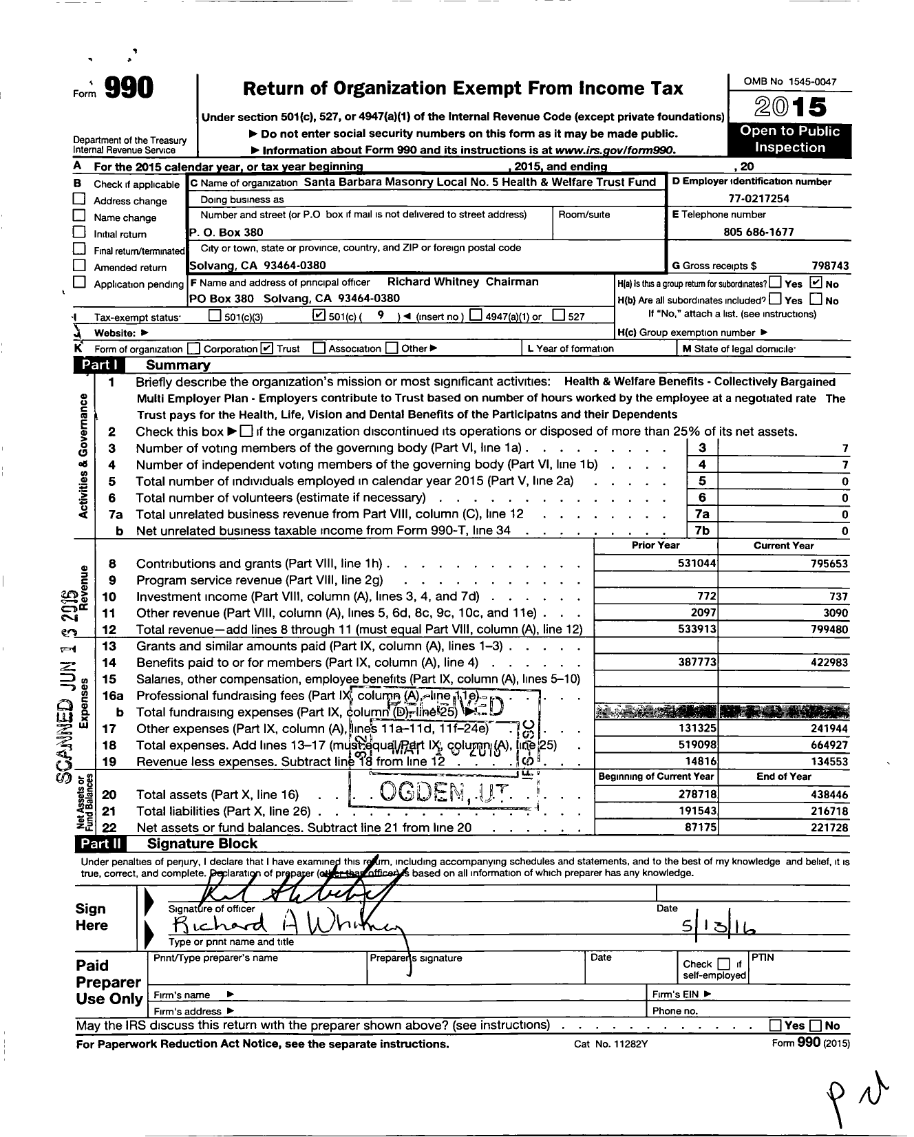 Image of first page of 2015 Form 990O for Santa Barbara Masonry Local No 5 Health Welfare Trust Fund