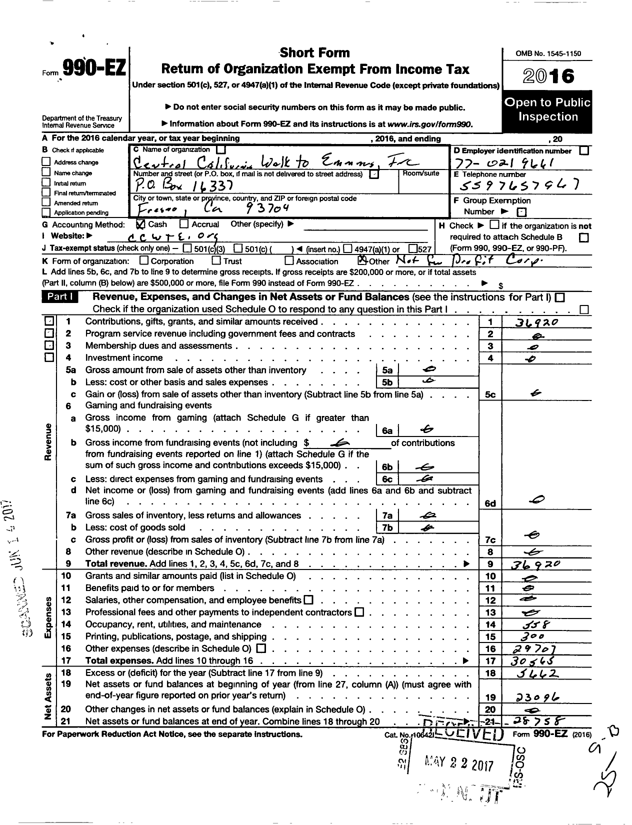 Image of first page of 2016 Form 990EO for Central California Walk To Emmaus