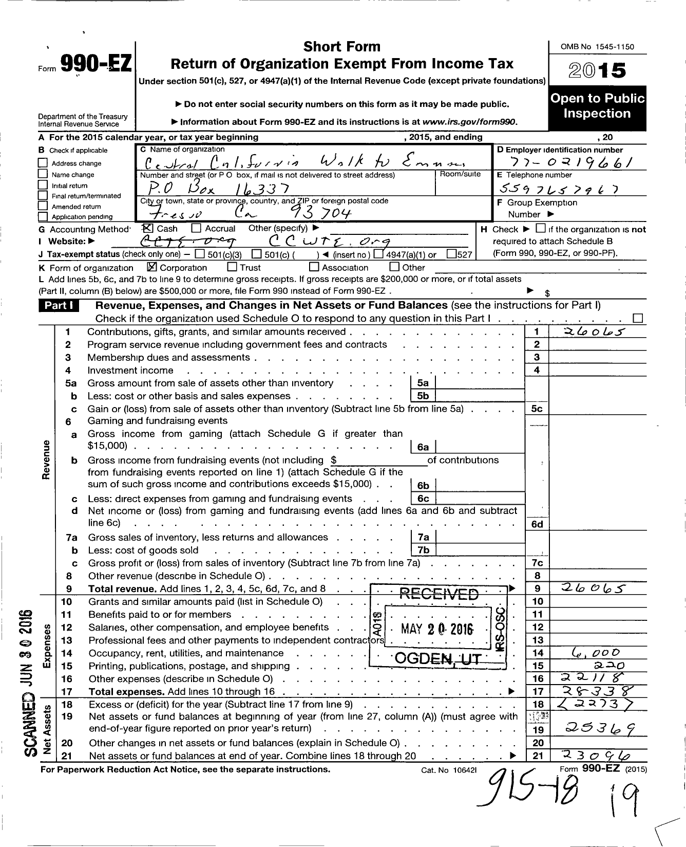 Image of first page of 2015 Form 990EO for Central California Walk To Emmaus