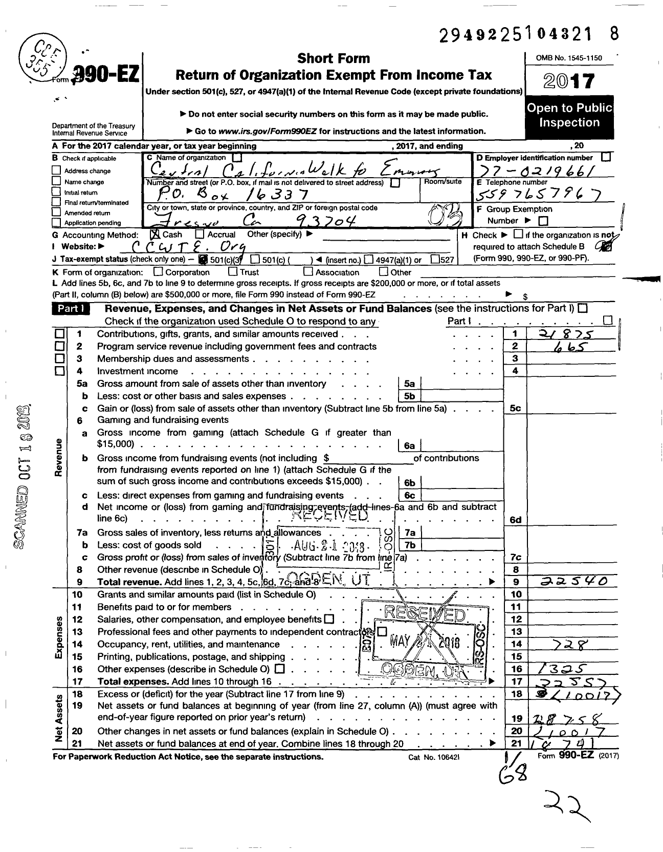 Image of first page of 2017 Form 990EZ for Central California Walk To Emmaus