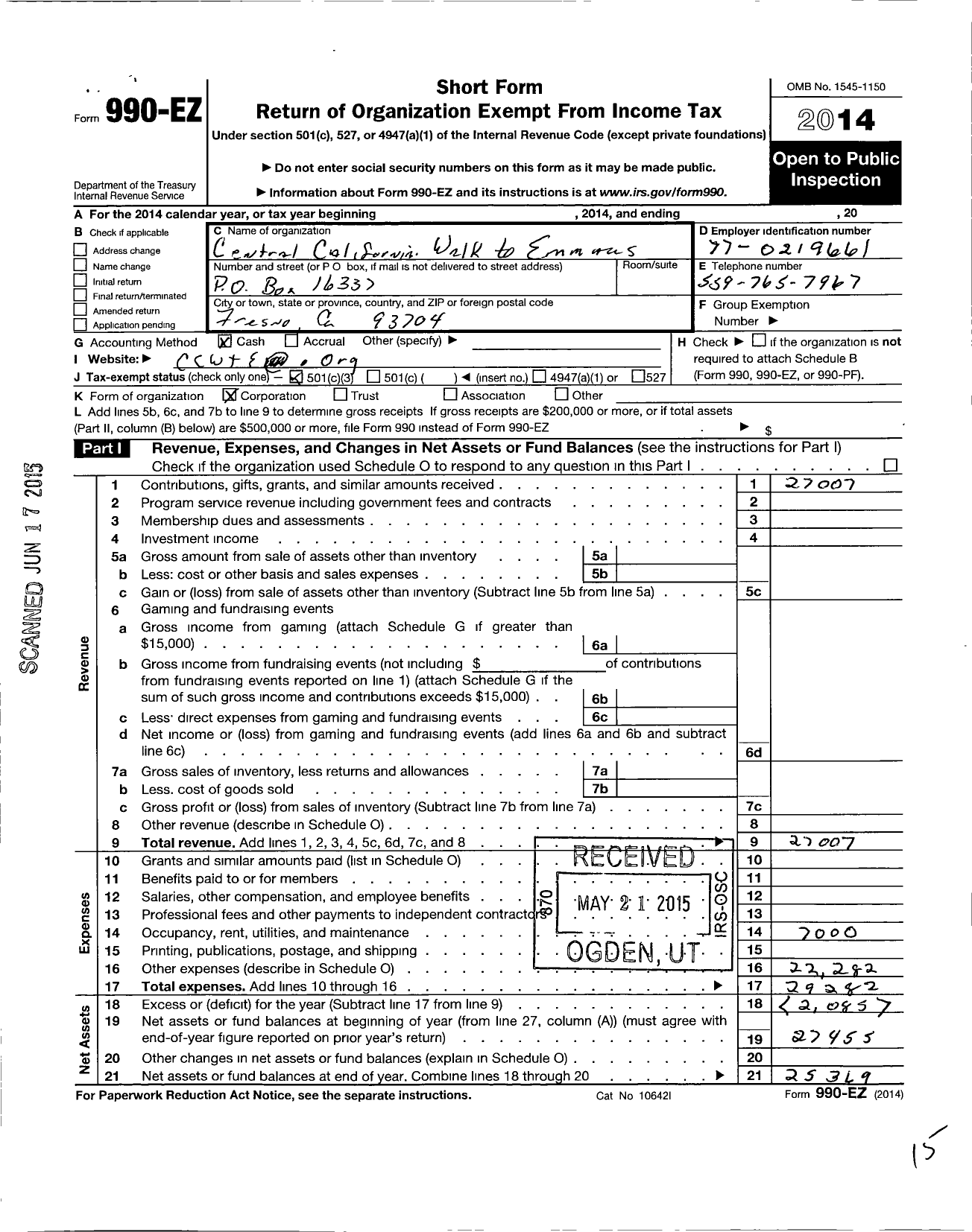 Image of first page of 2014 Form 990EZ for Central California Walk To Emmaus