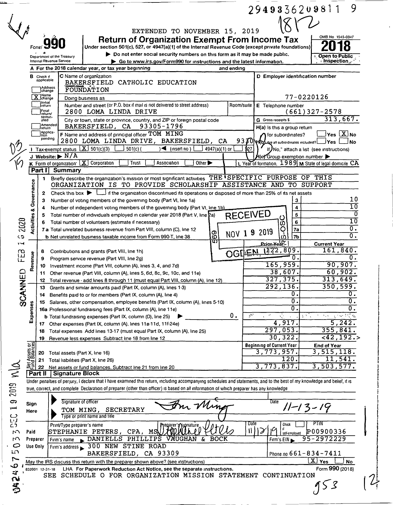 Image of first page of 2018 Form 990 for Bakersfield Catholic Education Foundation
