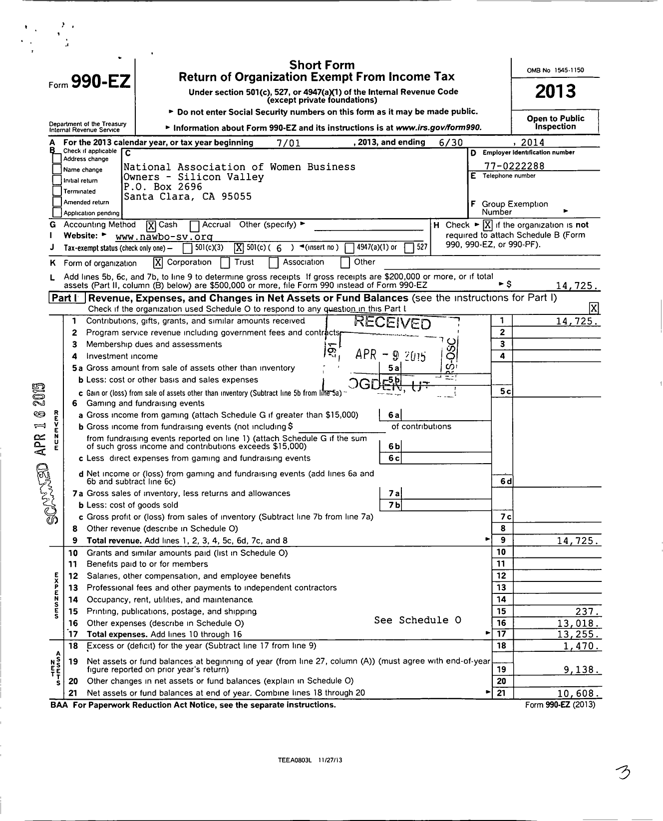 Image of first page of 2013 Form 990EO for National Association of Women Business Owners-Silicon Valley