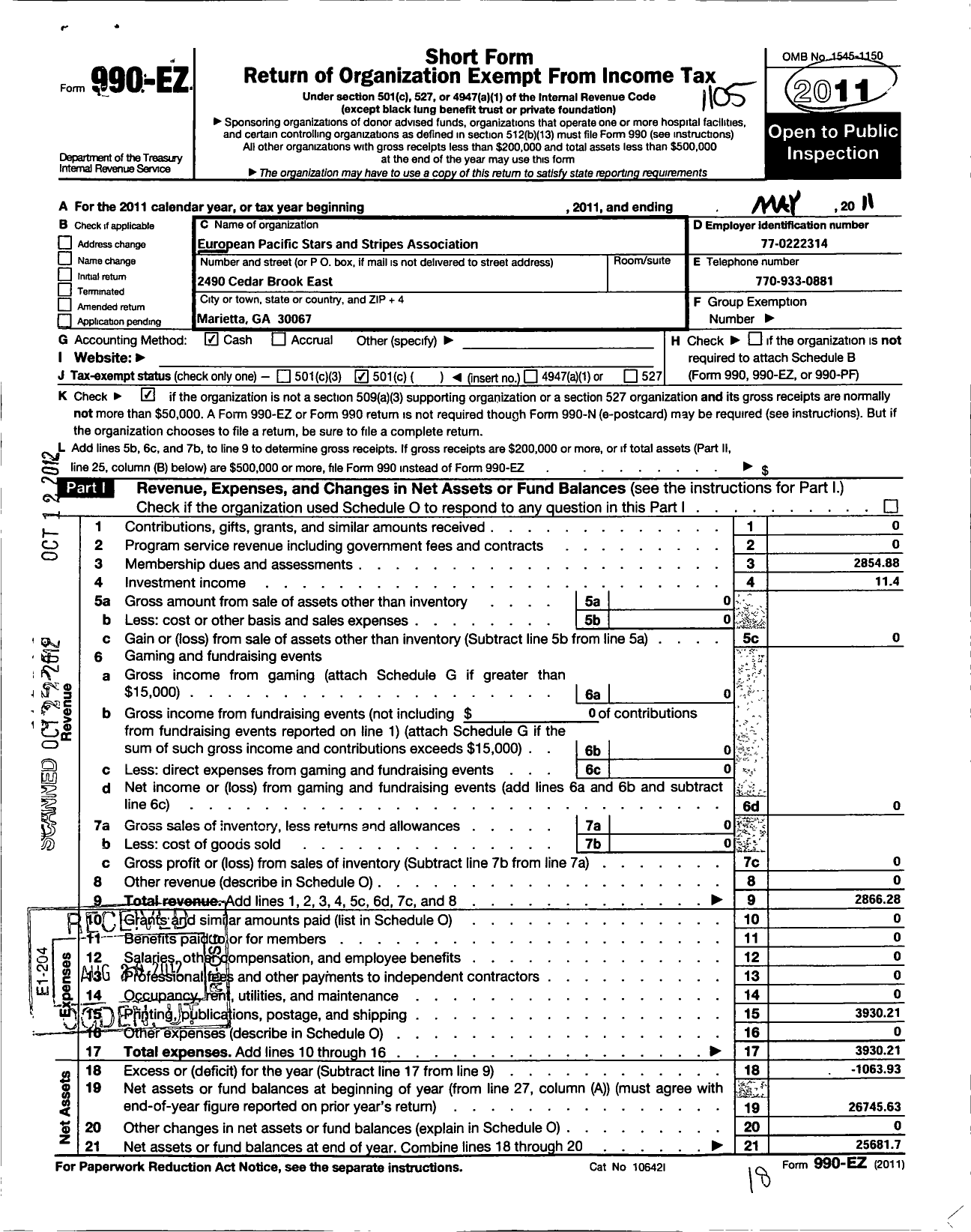 Image of first page of 2010 Form 990EO for The Stars and Stripes Association