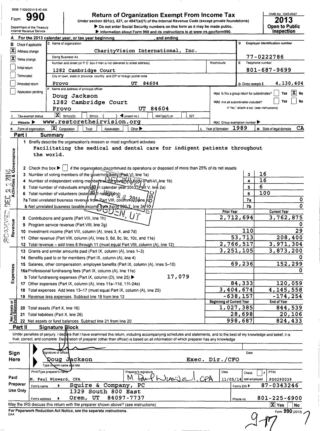Image of first page of 2013 Form 990 for CharityVision
