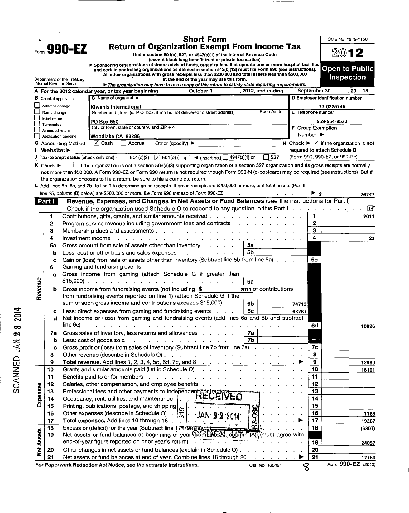 Image of first page of 2012 Form 990EO for Kiwanis International - K12722 Woodlake