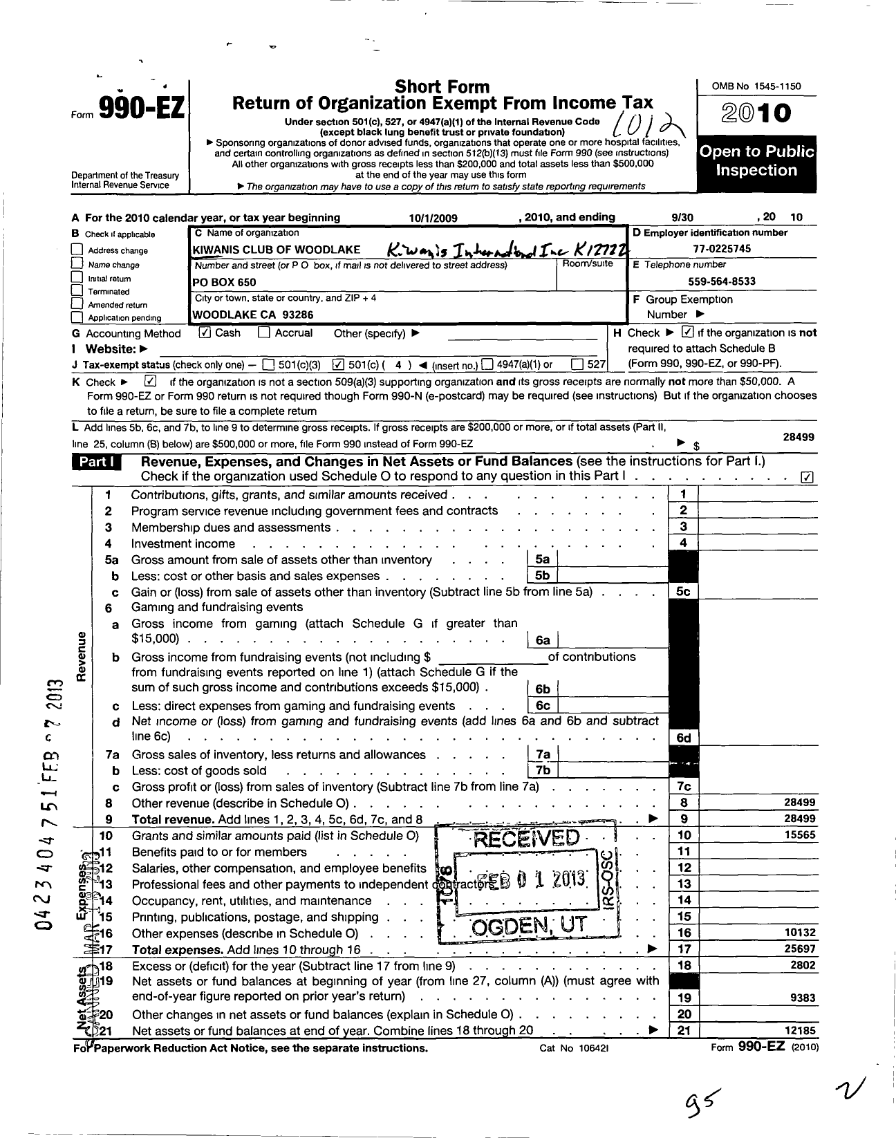 Image of first page of 2010 Form 990EO for Kiwanis International - K12722 Woodlake