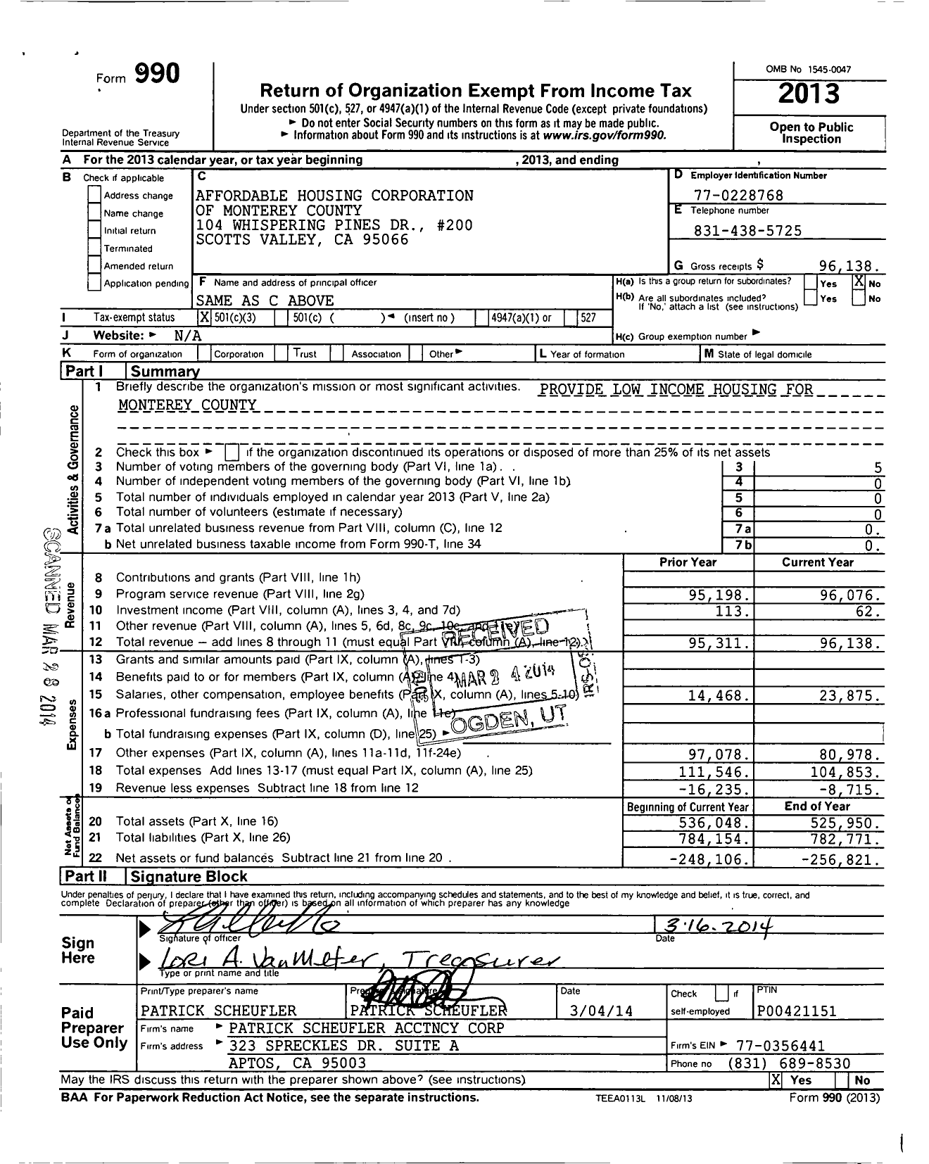 Image of first page of 2013 Form 990 for Affordable Housing Corporation of Monterey County