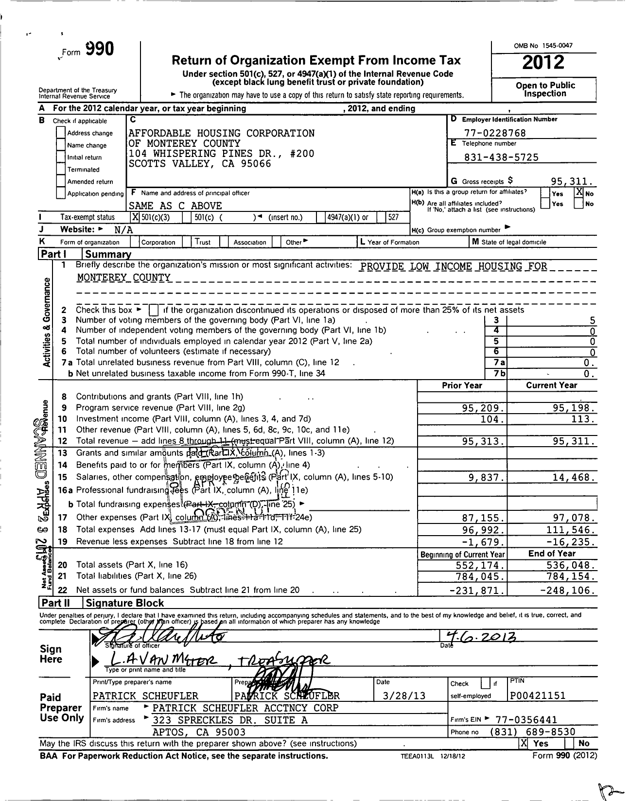 Image of first page of 2012 Form 990 for Affordable Housing Corporation of Monterey County