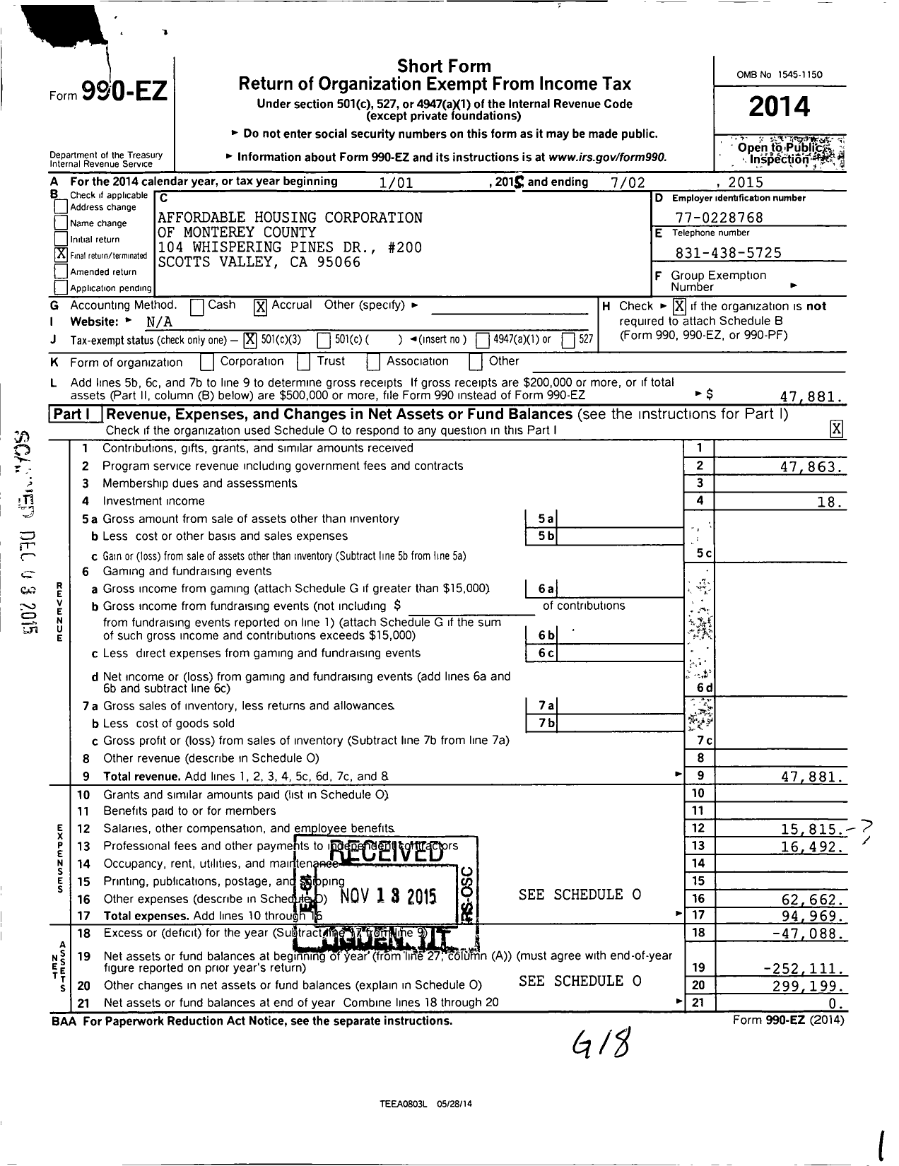 Image of first page of 2014 Form 990EZ for Affordable Housing Corporation of Monterey County