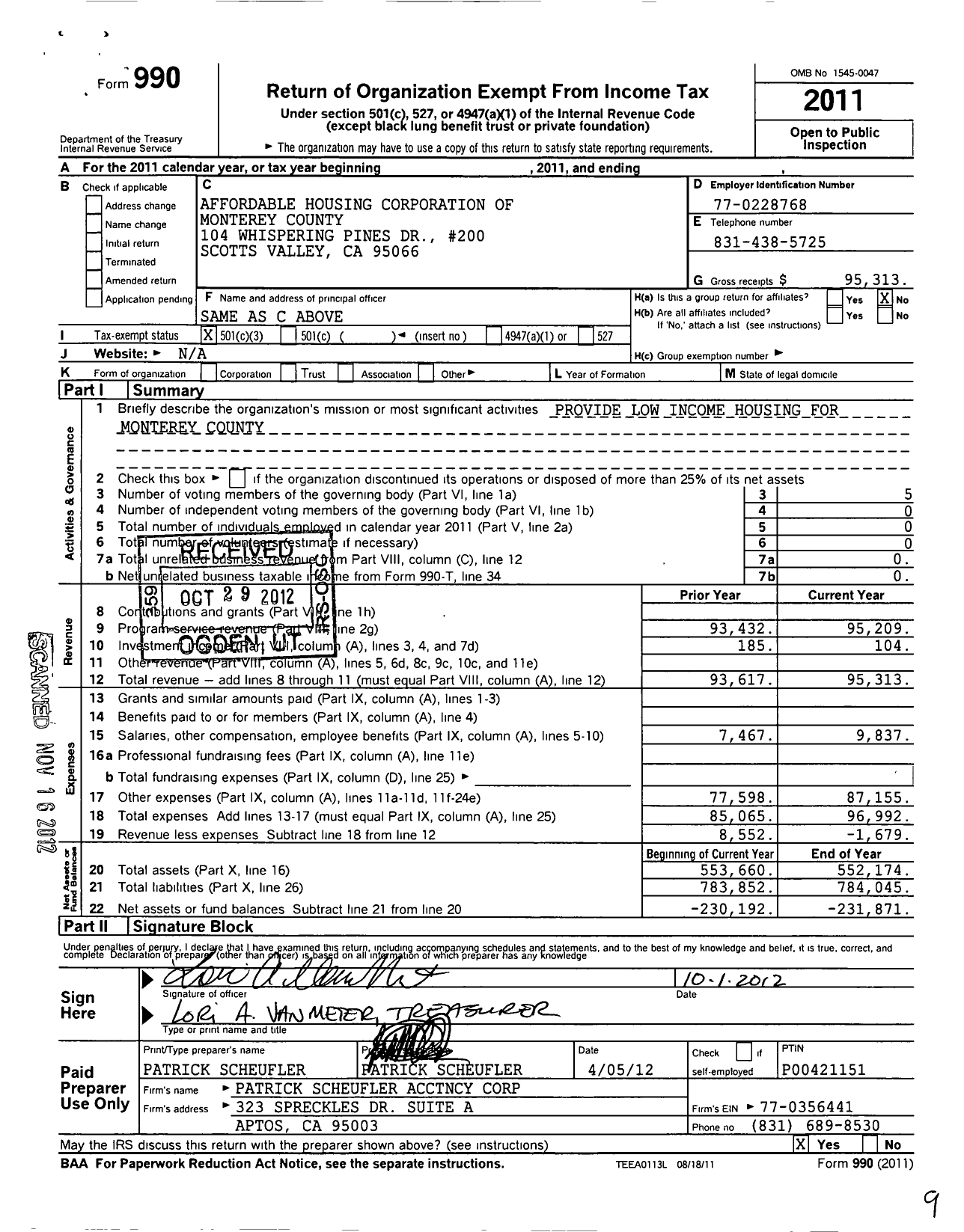 Image of first page of 2011 Form 990 for Affordable Housing Corporation of Monterey County