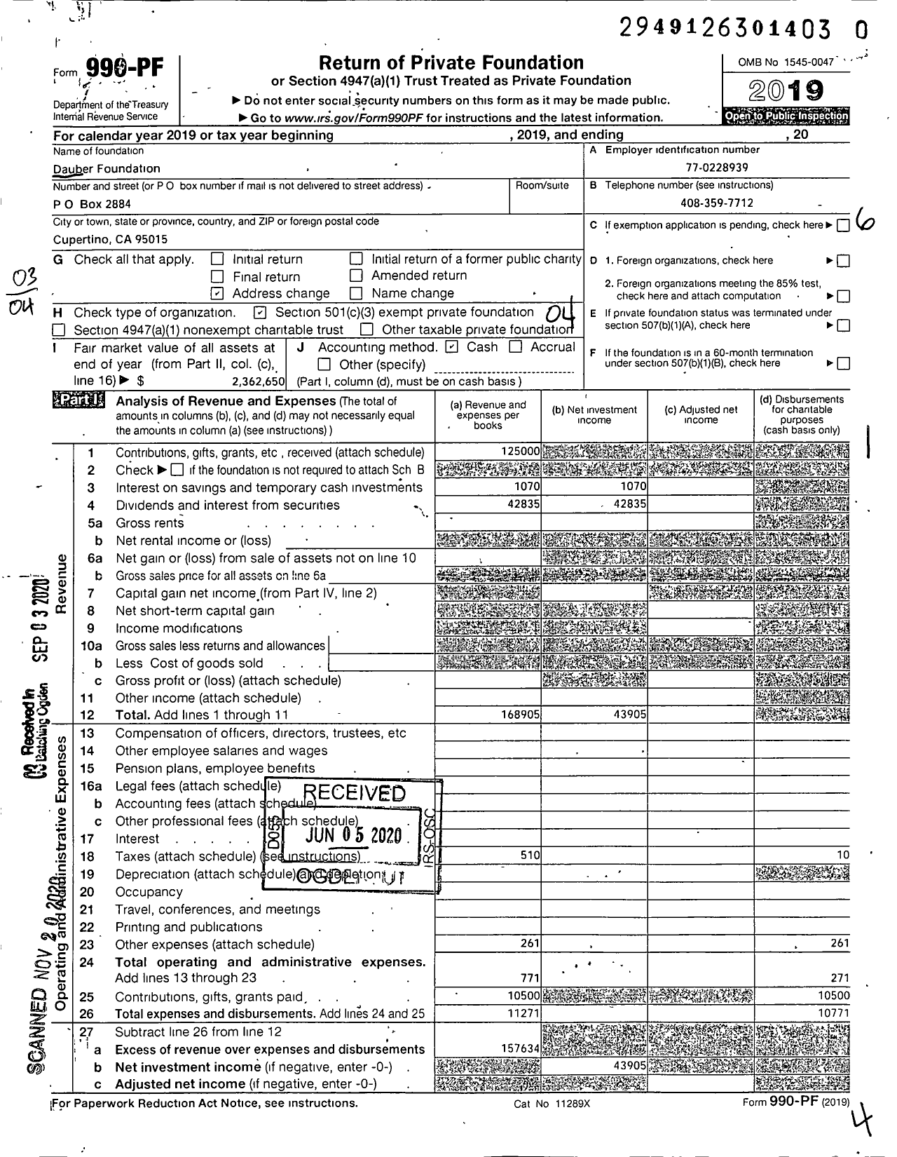 Image of first page of 2019 Form 990PF for Dauber Foundation