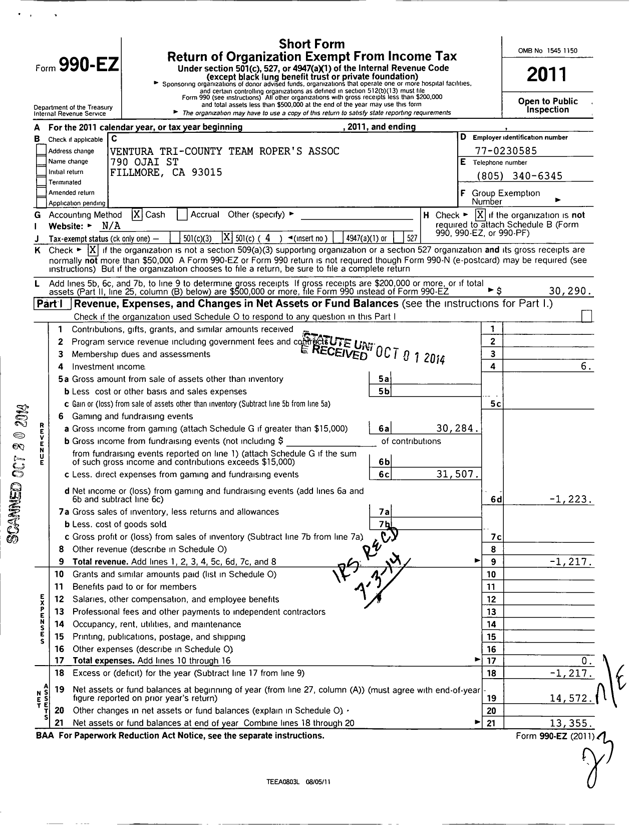 Image of first page of 2011 Form 990EO for Ventura Tri-County Team Ropers Association