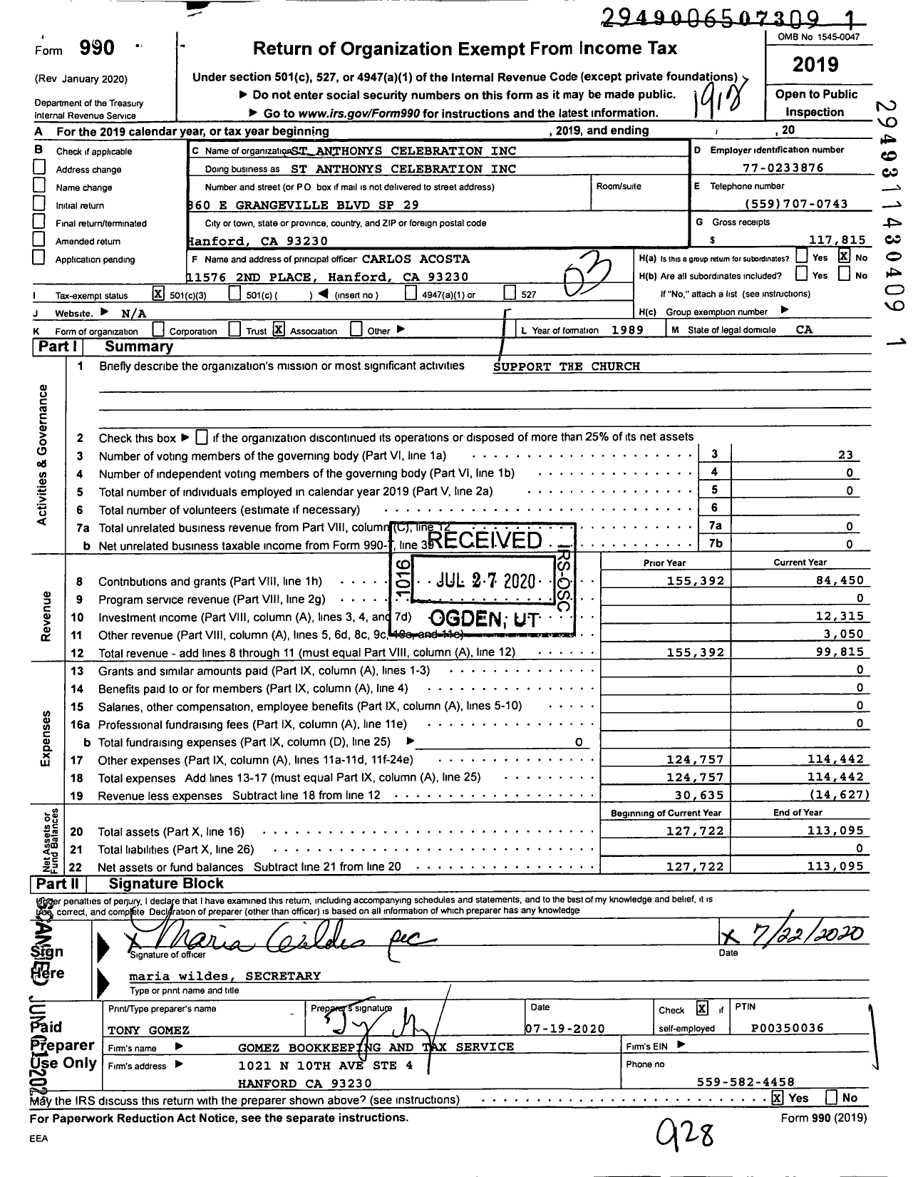 Image of first page of 2019 Form 990 for St Anthonys Celebration