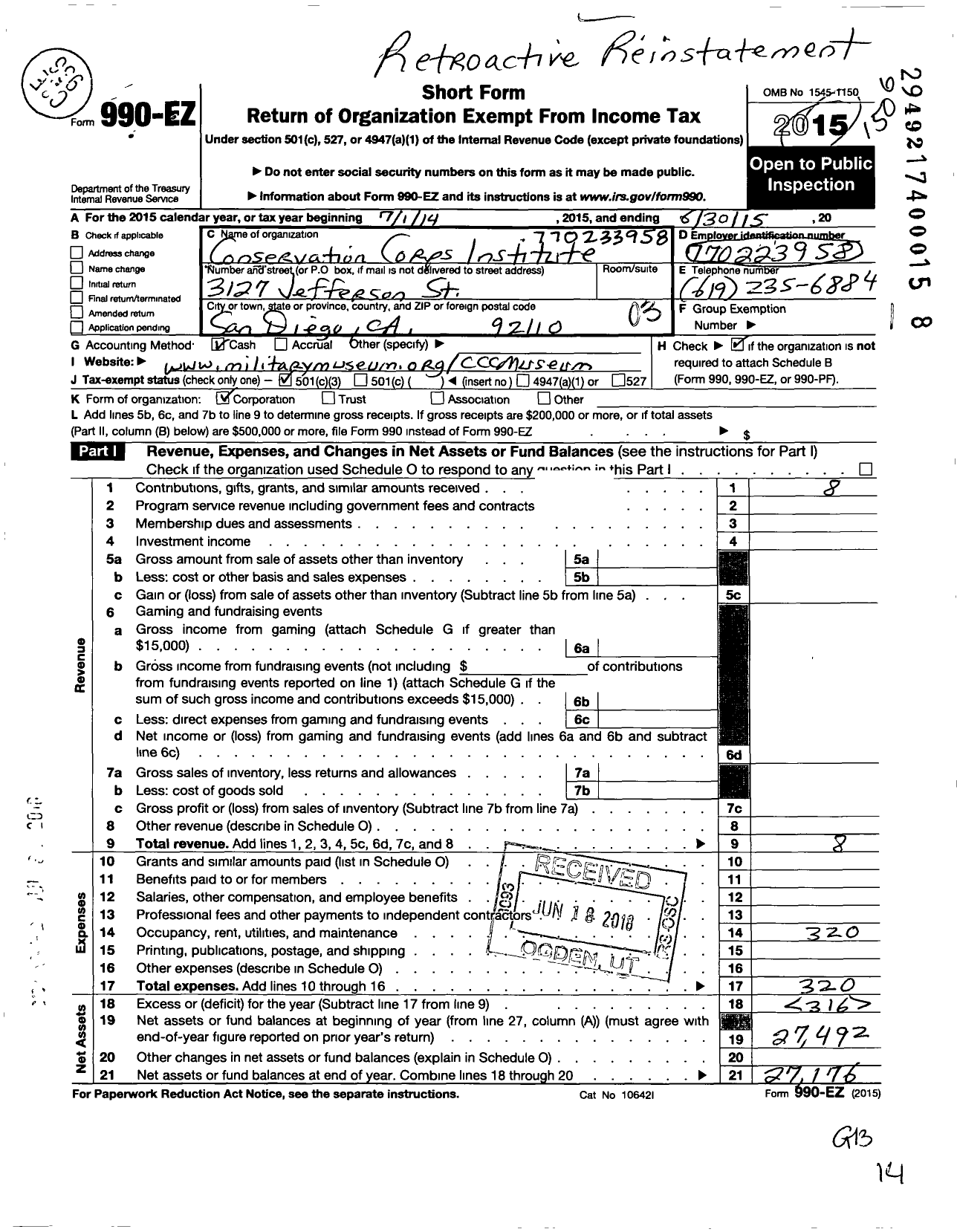 Image of first page of 2014 Form 990EZ for Conservation Corps Institute