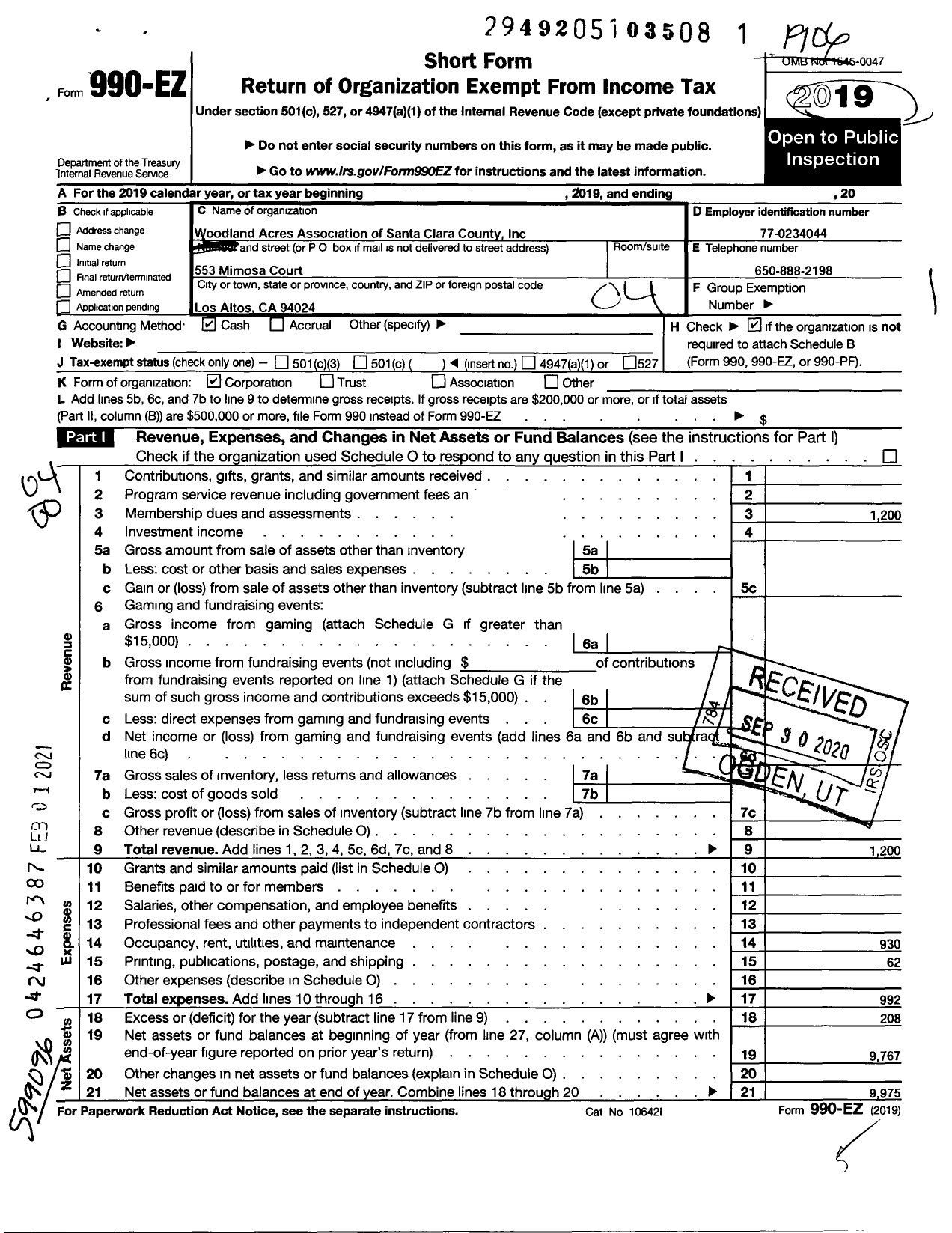 Image of first page of 2018 Form 990EO for Woodland Acres Association of Santa Clara County