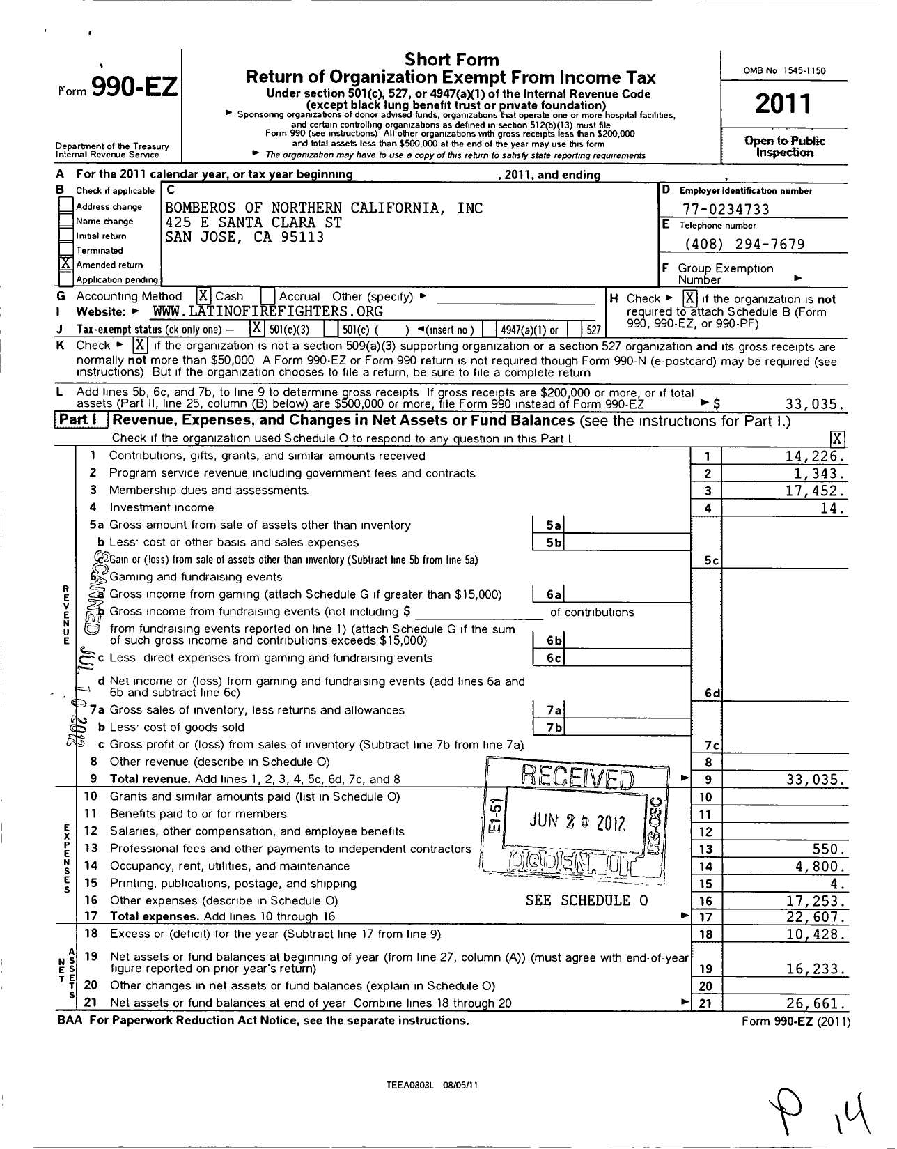 Image of first page of 2011 Form 990EZ for Los Bomberos of Northern California