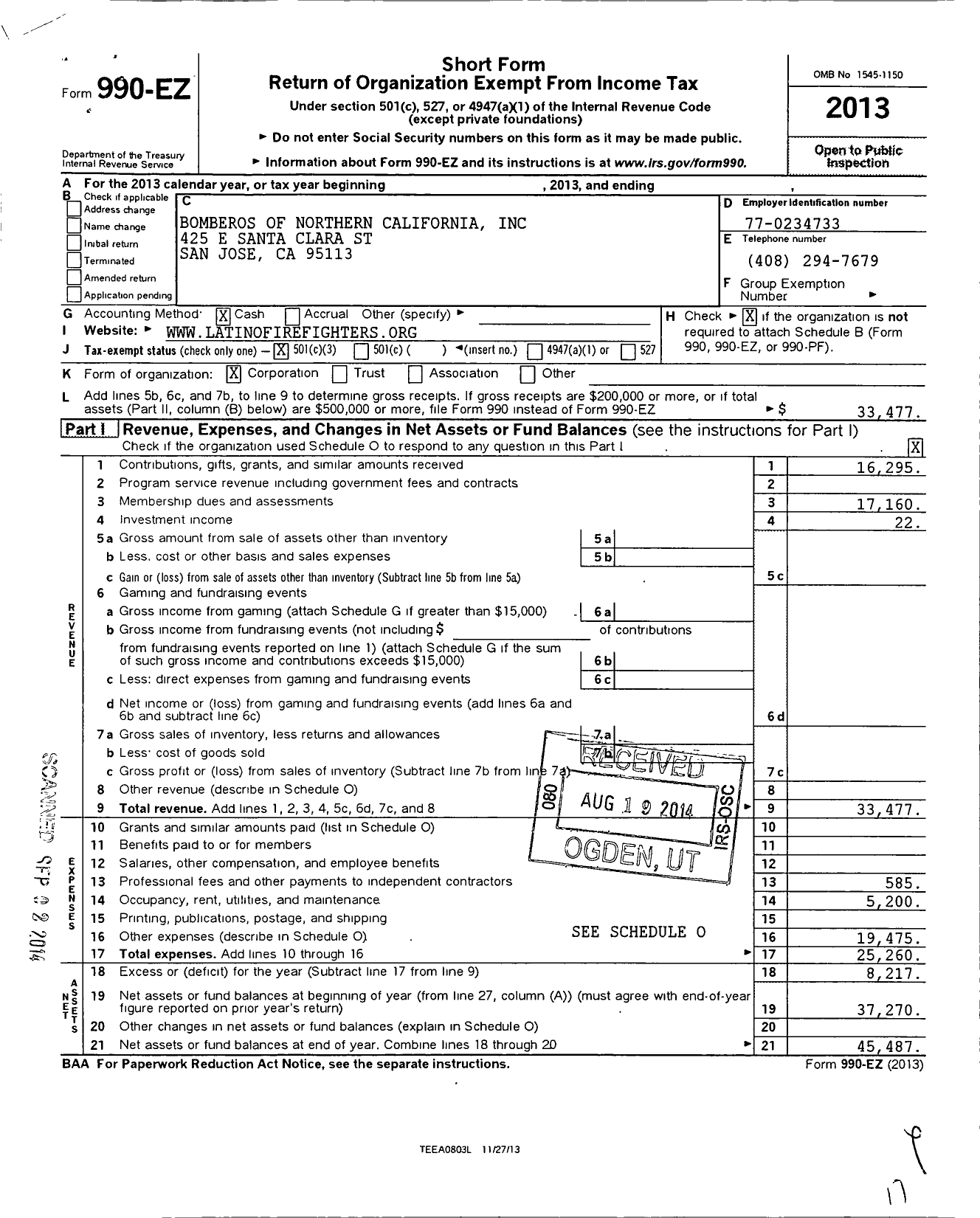 Image of first page of 2013 Form 990EZ for Los Bomberos of Northern California