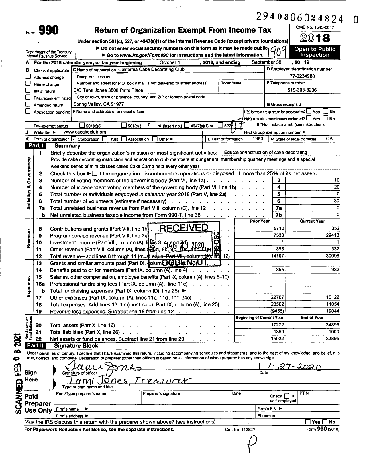 Image of first page of 2018 Form 990O for California Cake Decorating Club