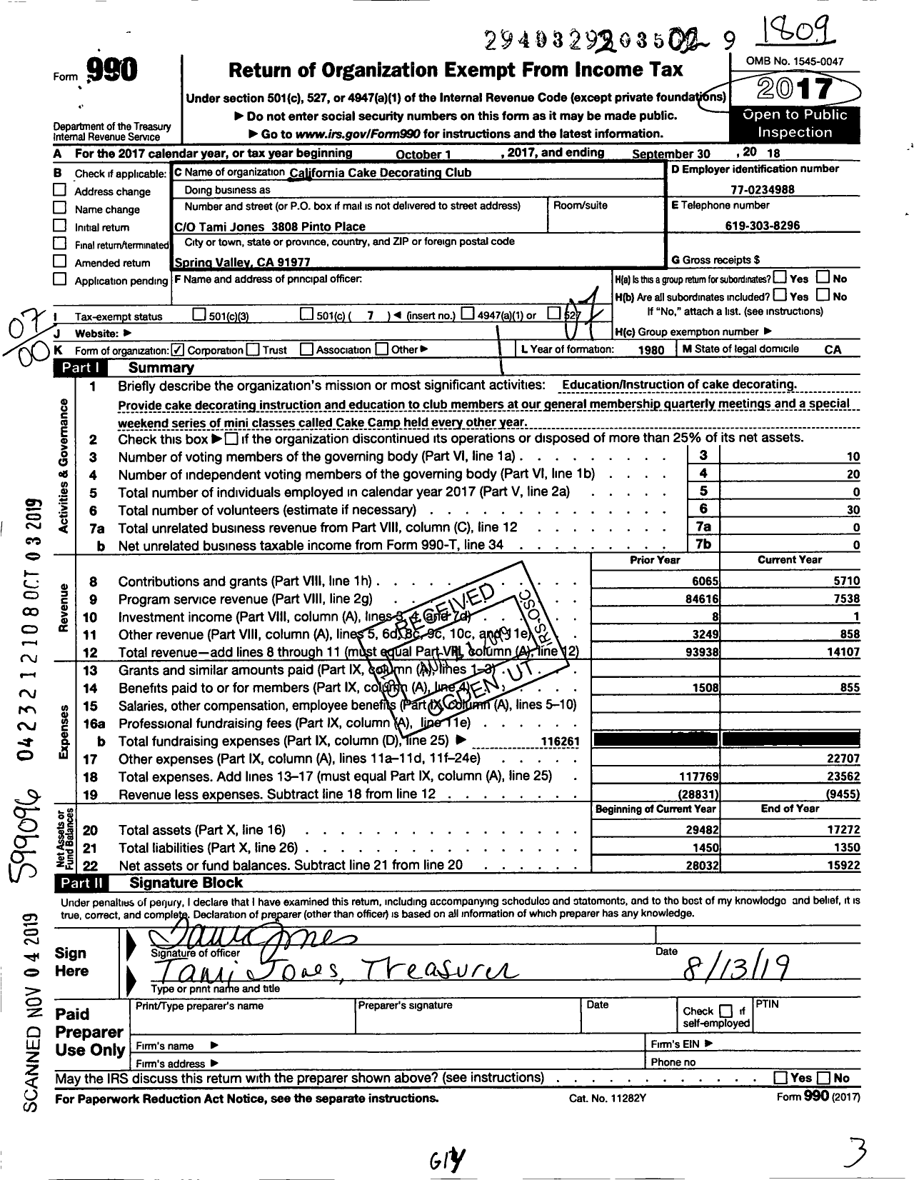 Image of first page of 2017 Form 990O for California Cake Decorating Club