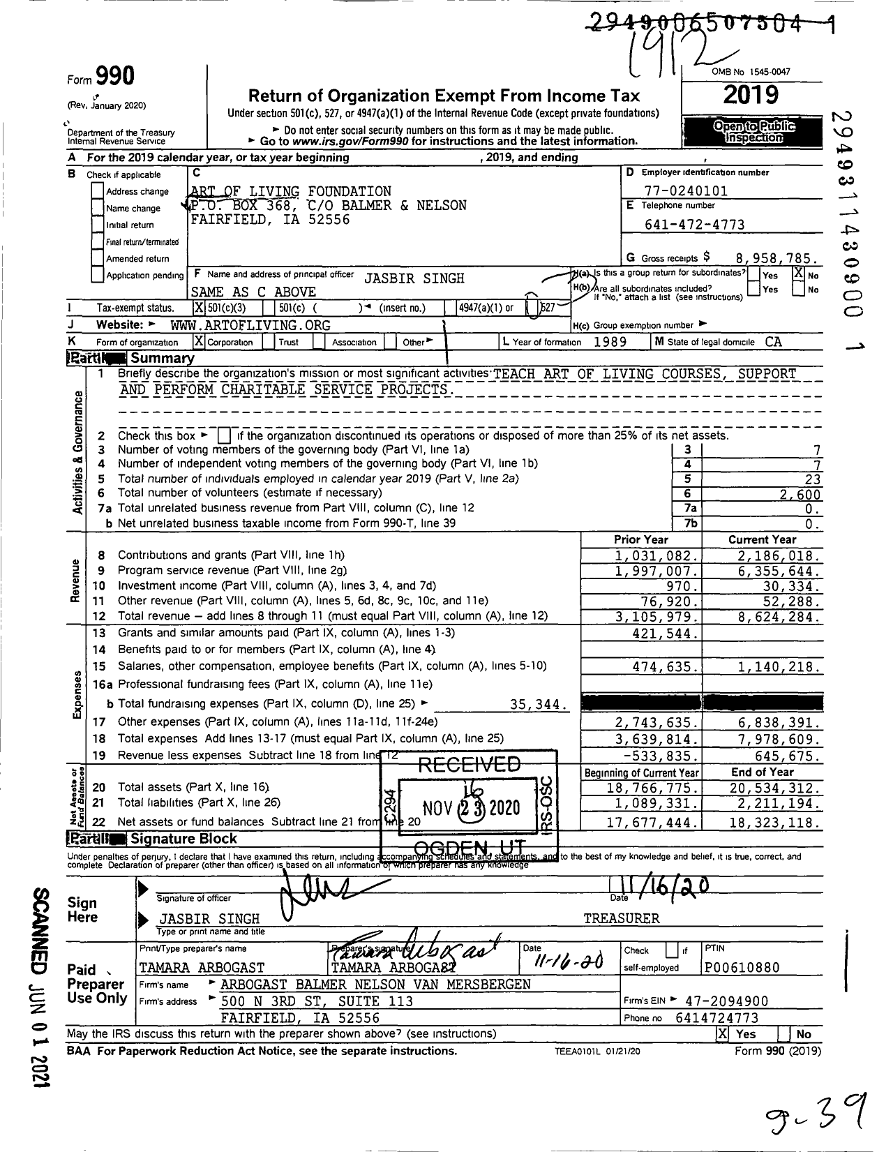 Image of first page of 2019 Form 990 for Art of Living Foundation (AOLF)