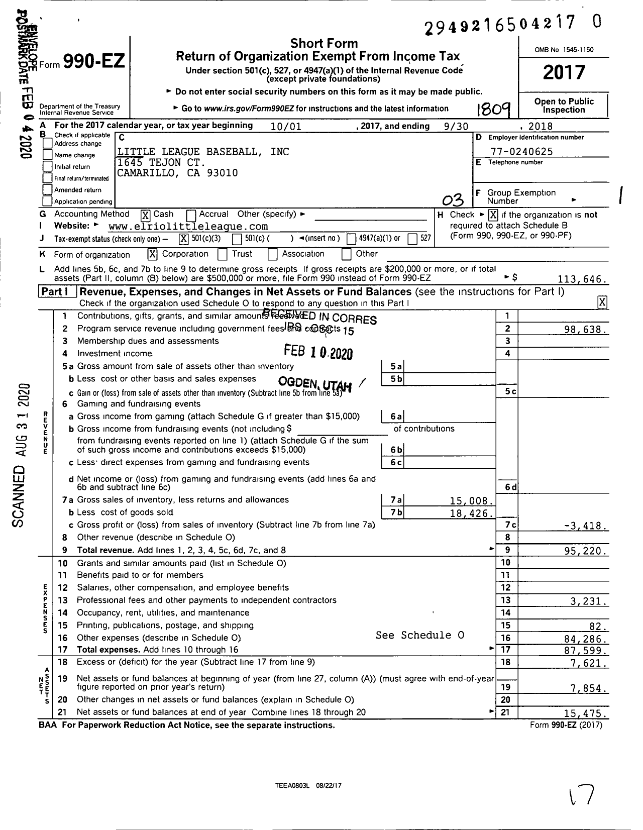 Image of first page of 2017 Form 990EZ for Little League Baseball