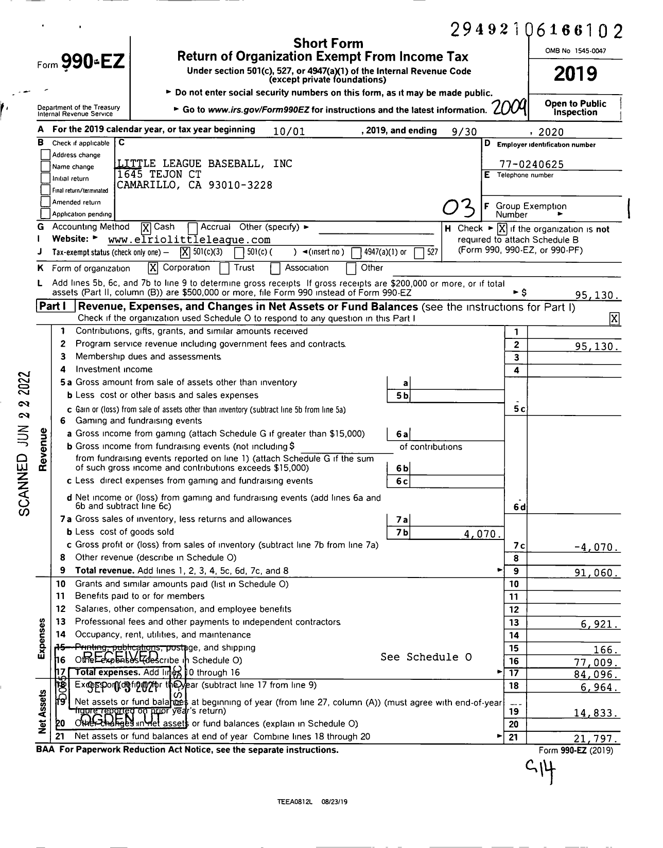 Image of first page of 2019 Form 990EZ for Little League Baseball