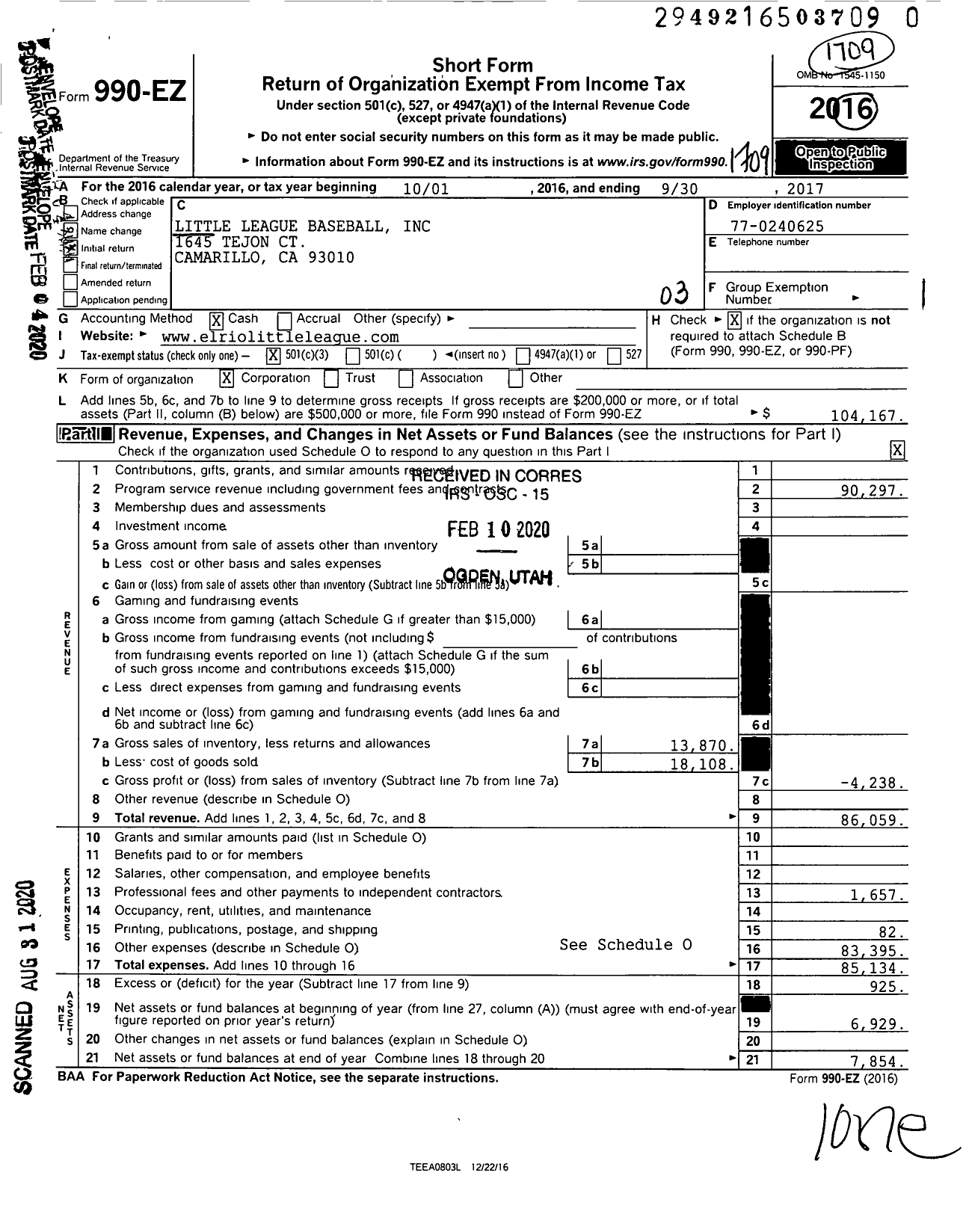 Image of first page of 2016 Form 990EZ for Little League Baseball