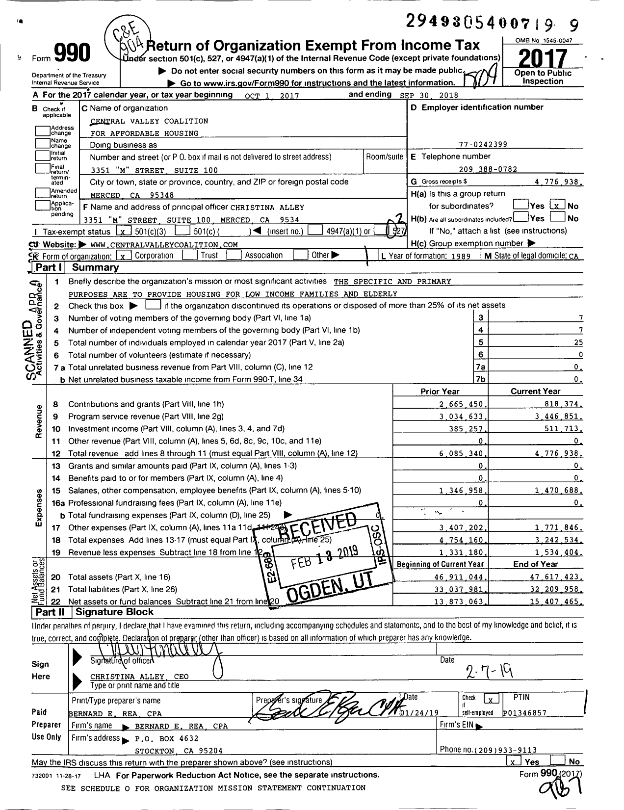 Image of first page of 2017 Form 990 for Central Valley Coalition for Affordable Housing