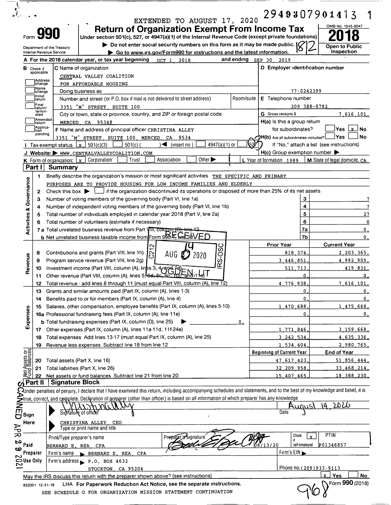 Image of first page of 2018 Form 990 for Central Valley Coalition for Affordable Housing
