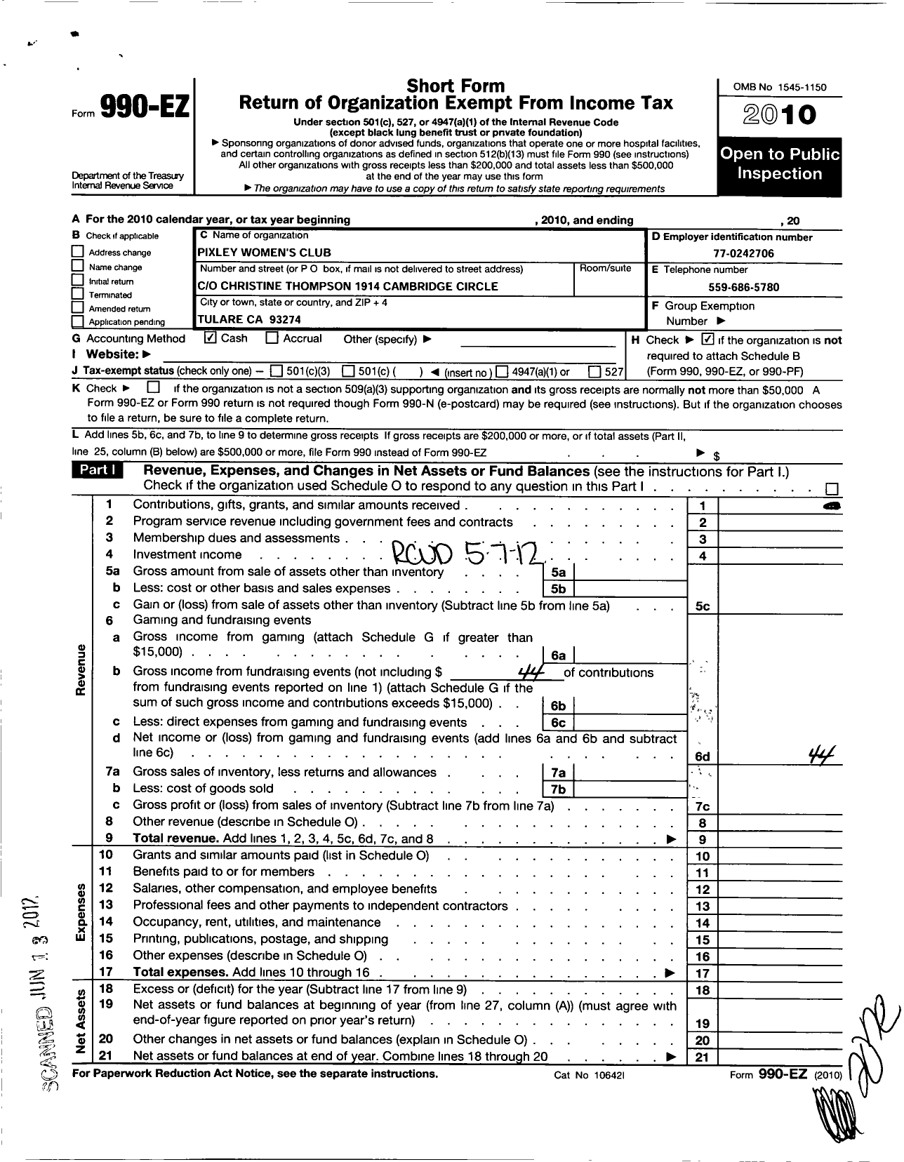 Image of first page of 2010 Form 990EO for California Federation of Women's Clubs - Pixley Womans Club