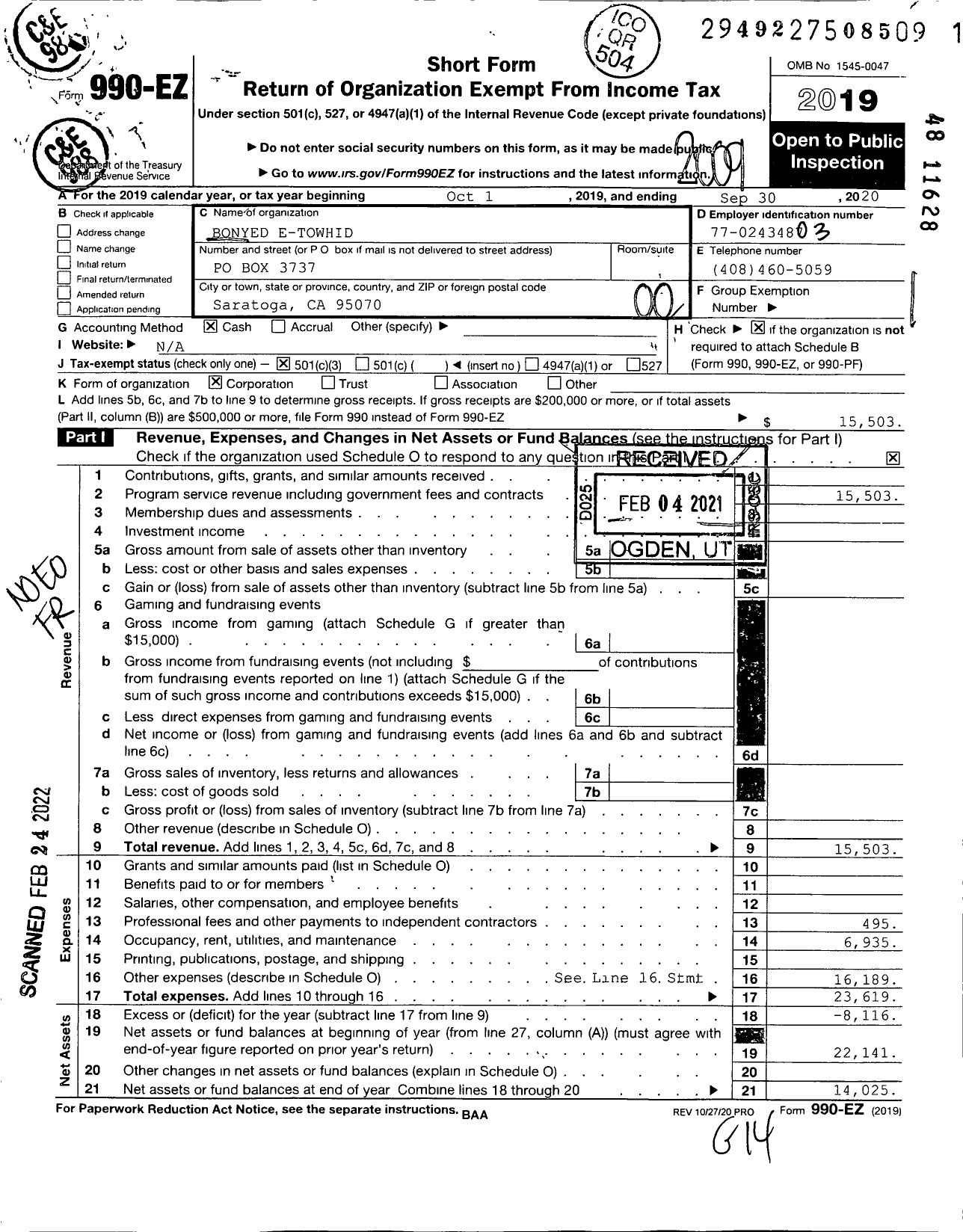 Image of first page of 2019 Form 990EO for Bonyed E-Towhid