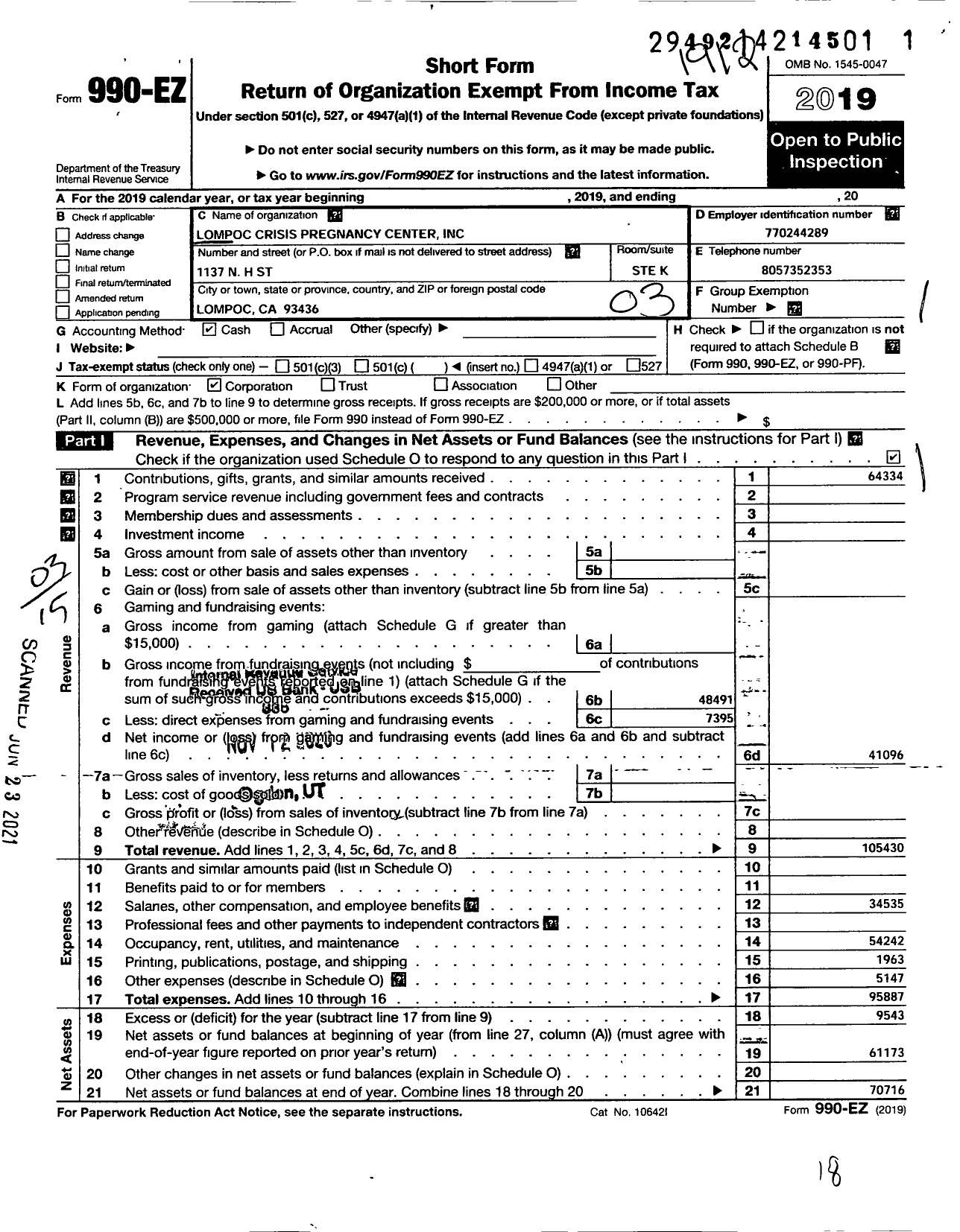 Image of first page of 2019 Form 990EZ for Lompoc Crisis Pregnancy Center