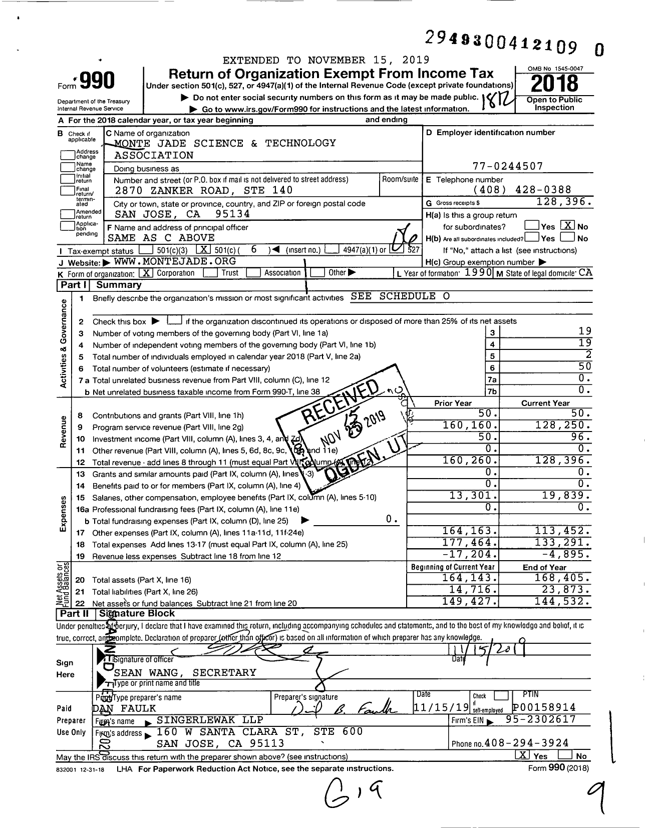 Image of first page of 2018 Form 990O for Monte Jade Science and Technology Association