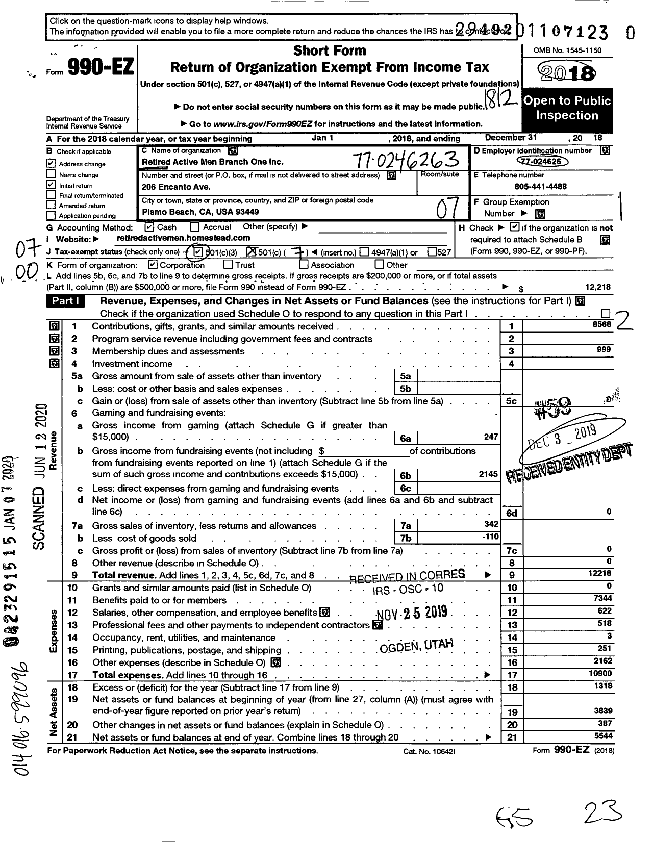 Image of first page of 2018 Form 990EO for Retired Active Men Branch One