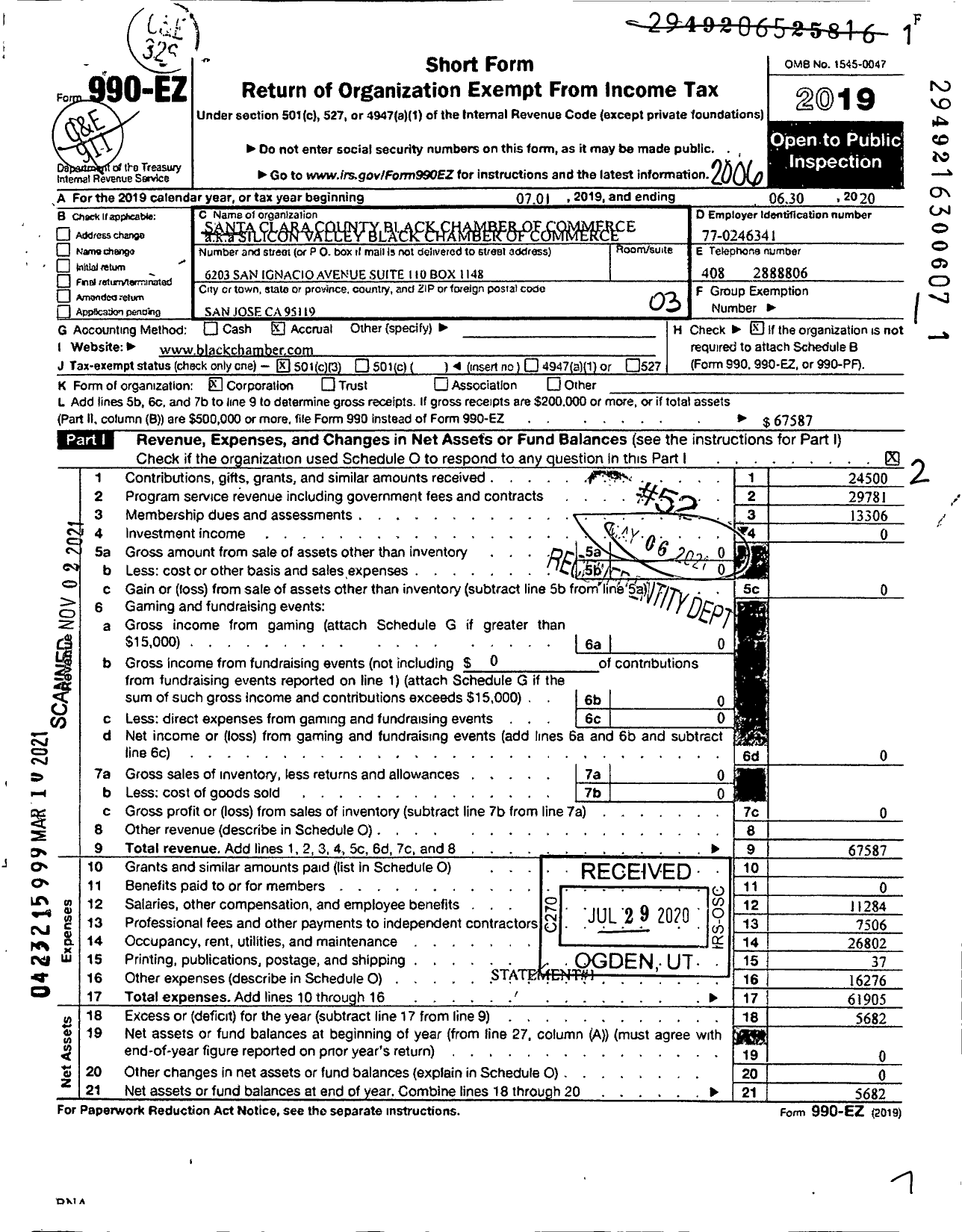 Image of first page of 2019 Form 990EZ for Santa Clara County Black Chamber of Commerce