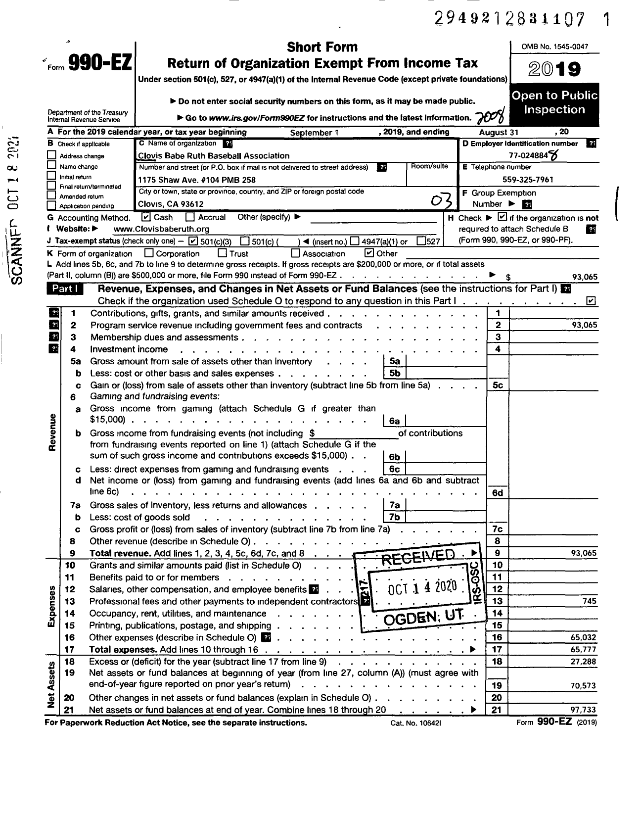 Image of first page of 2019 Form 990EZ for Clovis Babe Ruth Baseball Association