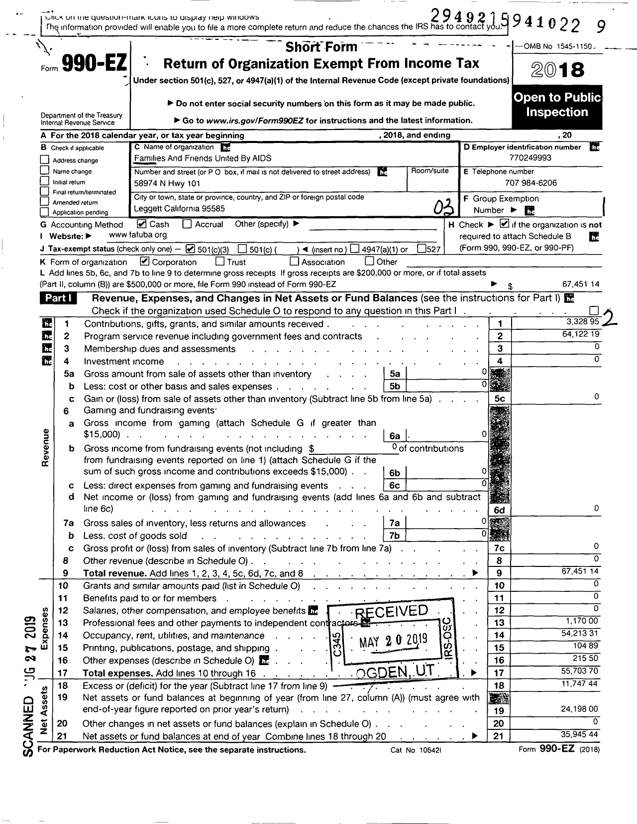 Image of first page of 2018 Form 990EZ for Families and Friends United By Aids