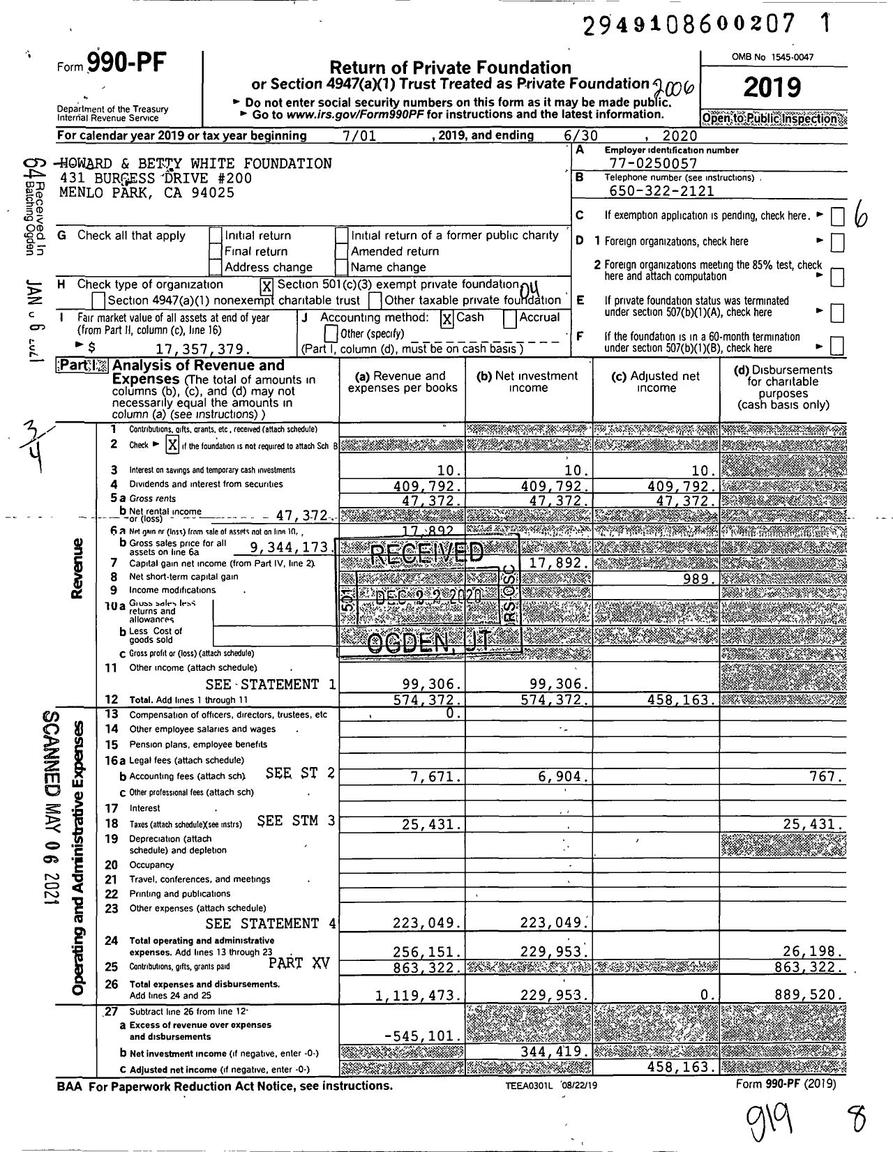 Image of first page of 2019 Form 990PF for Howard and Betty White Foundation