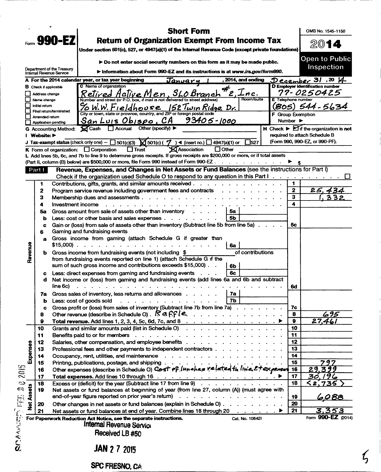 Image of first page of 2014 Form 990EO for Retired Active Men Incorporated / San Luis Obispo Branch 2