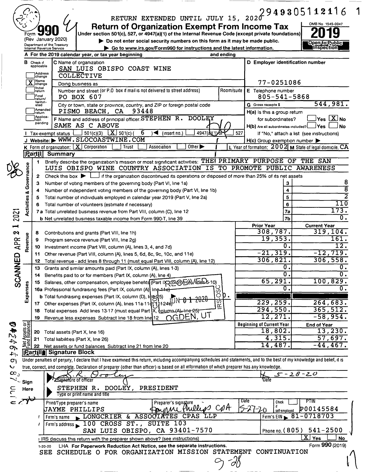 Image of first page of 2019 Form 990O for San Luis Obispo Coast Wine Collective