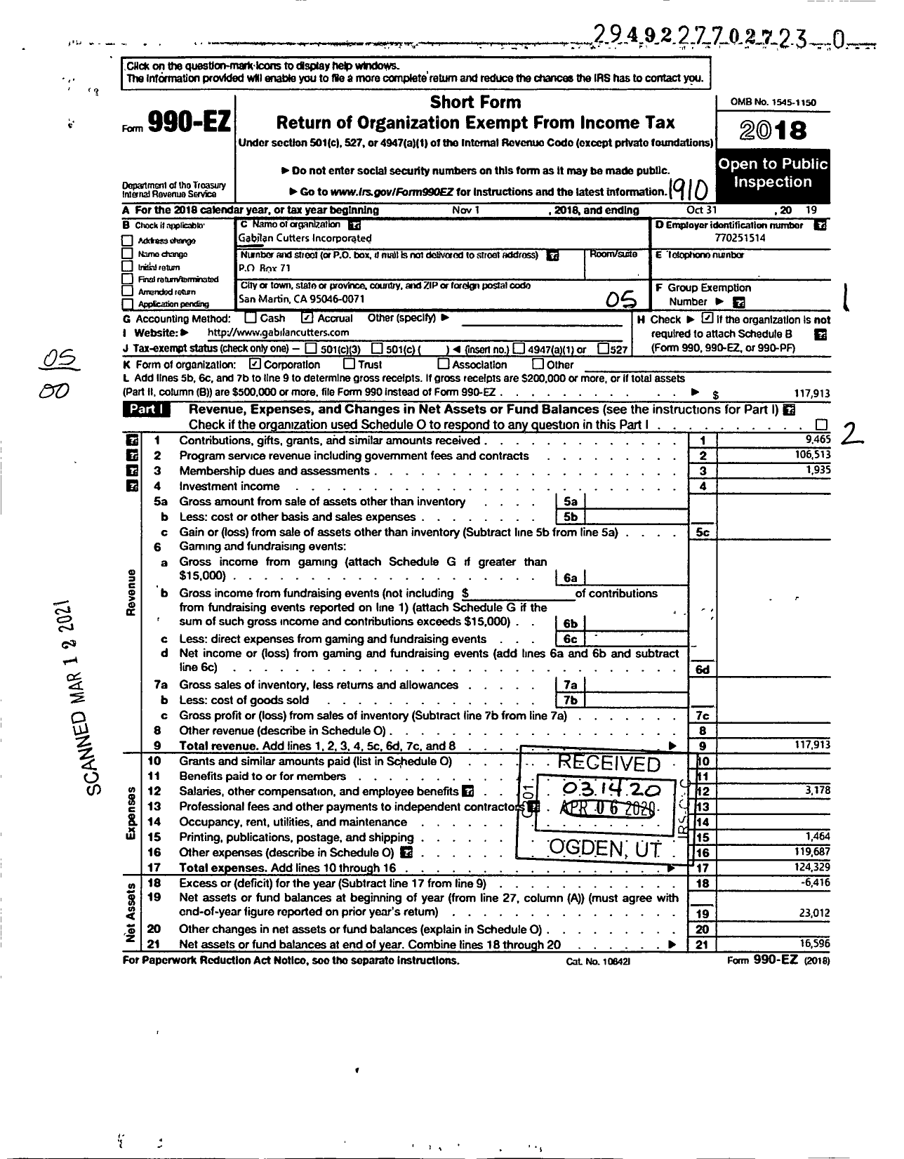 Image of first page of 2018 Form 990EO for Gabilan Cutters Incorporated